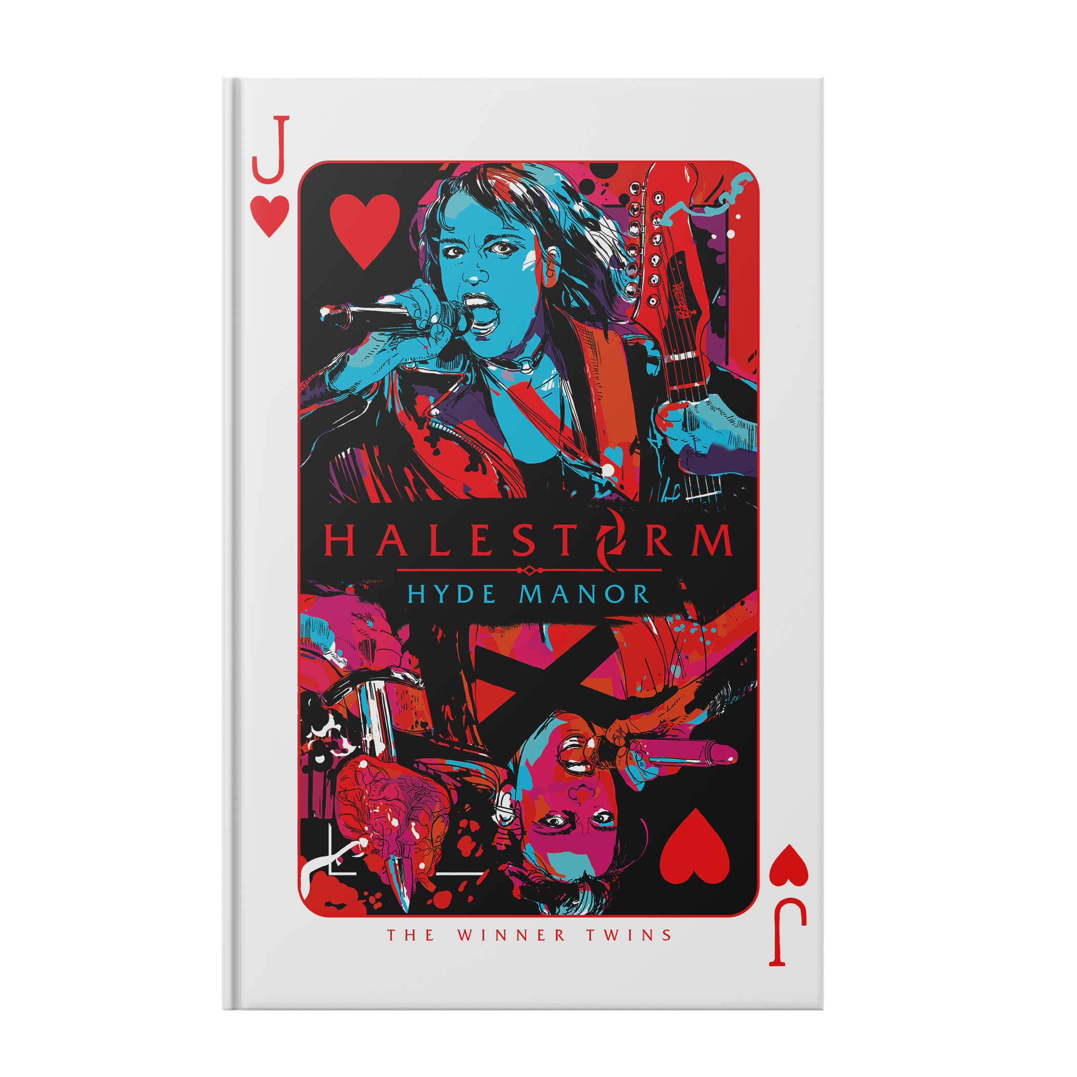 The text of this book cover reads "Halestorm Hyde Manor" in the center and "The Winner Twins" on the bottom. It is designed like a Jack of hearts playing card but with a woman instead of a jack. The background is white and the colors are red & blue