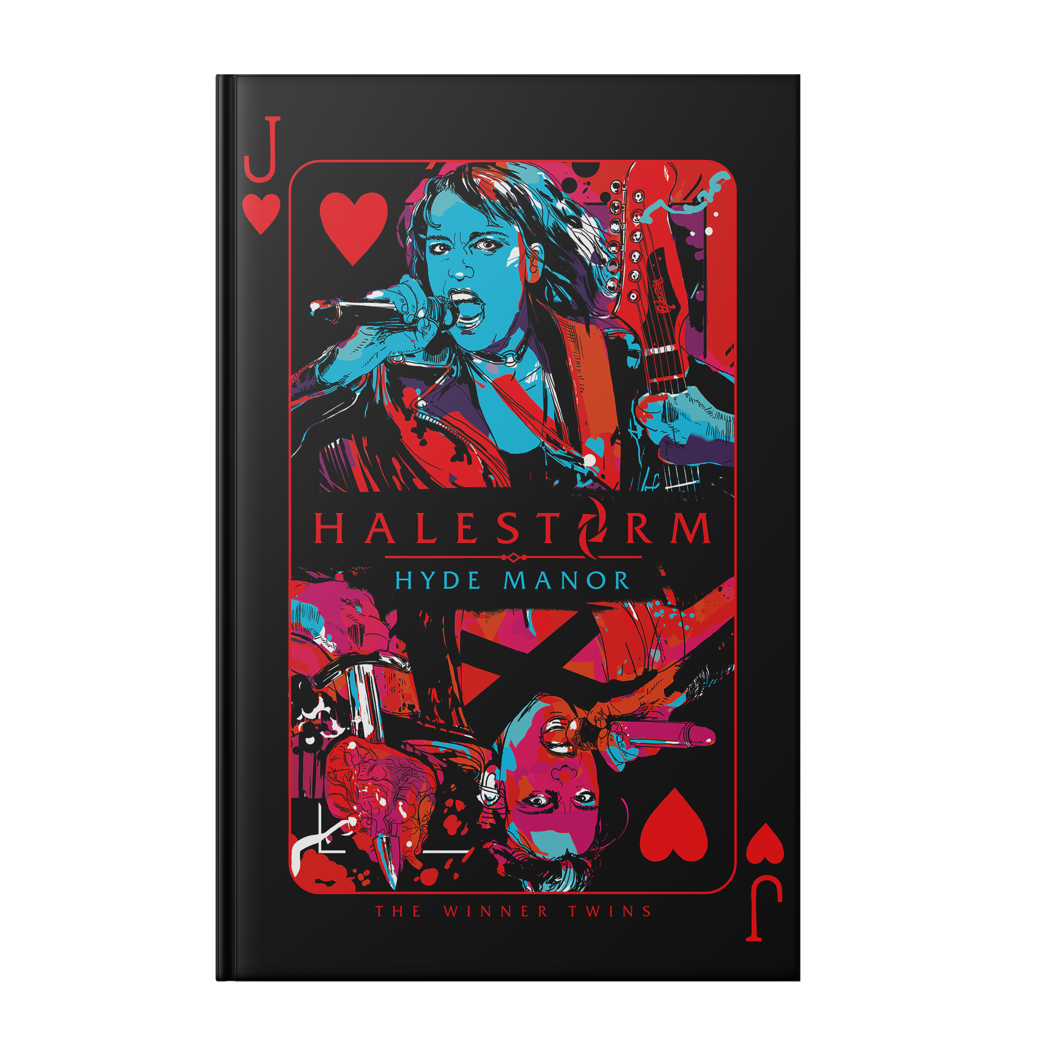 The text of this book cover reads "Halestorm Hyde Manor" in the center and "The Winner Twins" on the bottom. It is designed like a Jack of hearts playing card but with a woman instead of a jack. The background is black and the colors are red & blue