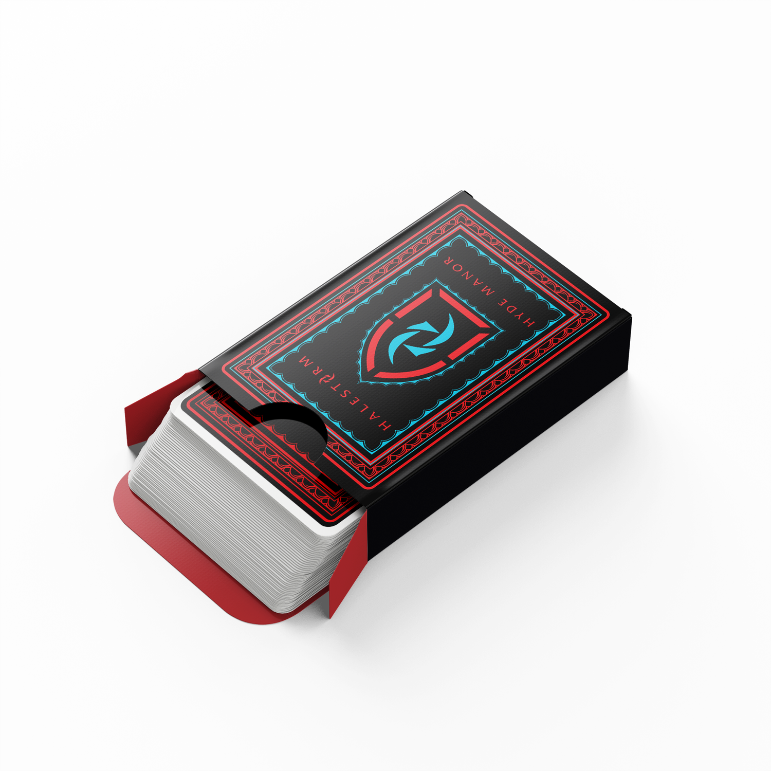 A box of playing cards. The design is the same as the design from the Hyde Manor slipcase.
