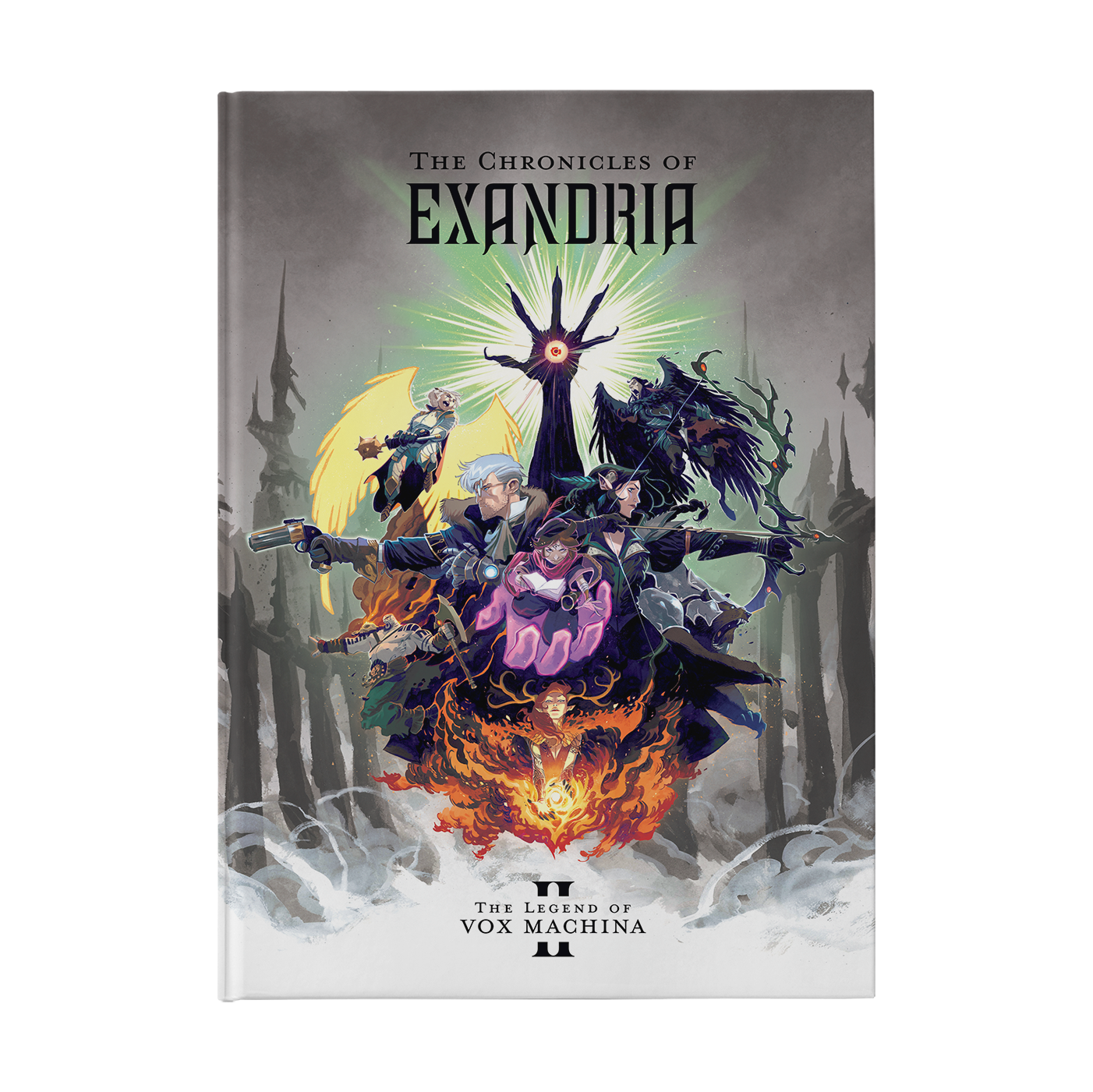This book cover reads "The Chronicles of Exandria" and below that "The Legend of Vox Machina" with a roman numeral 2 surrounding it. The text is in black. In the center is artwork showing all of the characters of the Vox Machina campaign.