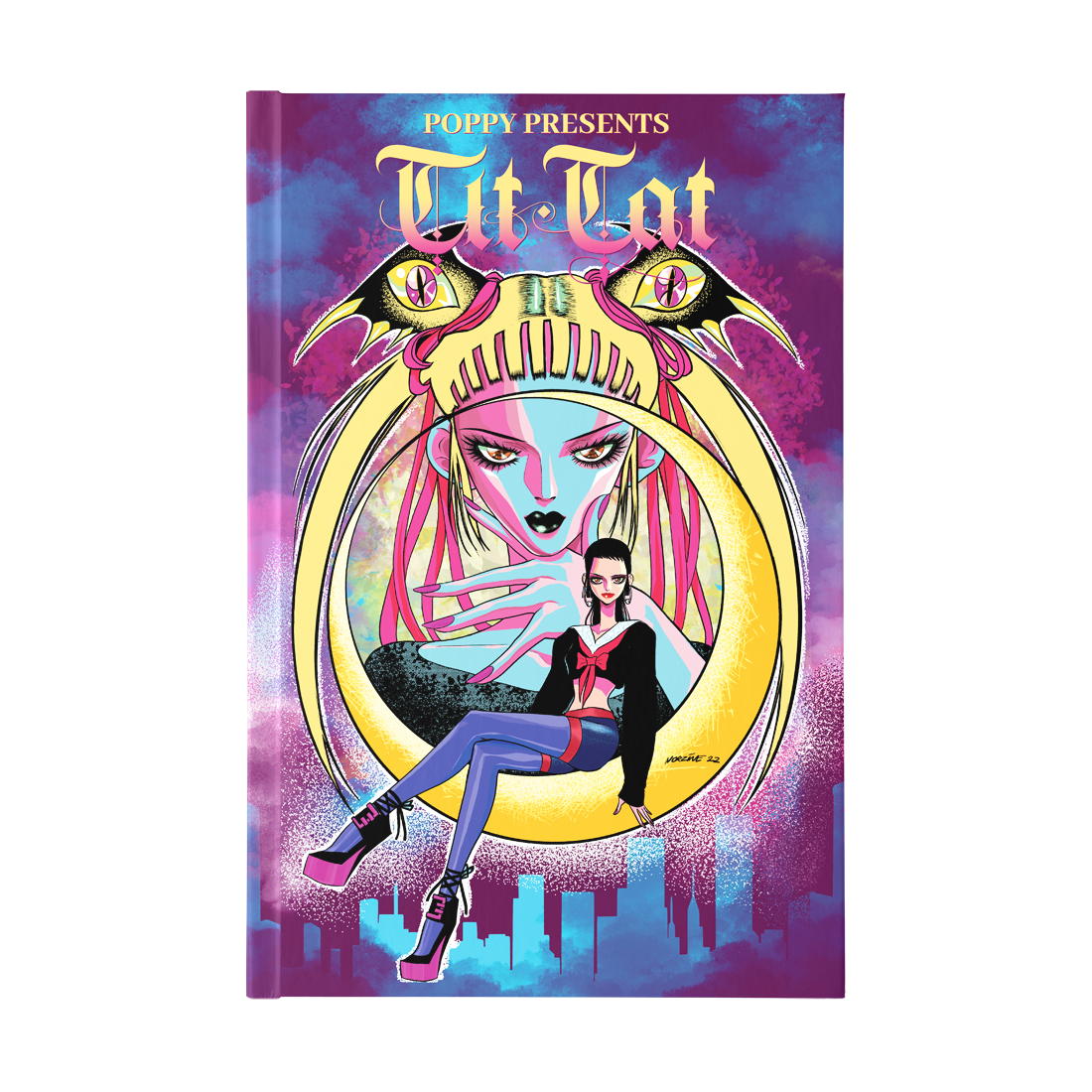 This book cover reads "Poppy Presents Tit Tat" in yellow and pink text. The art shows a girl with black hair sitting in a yellow moon. Behind her is a woman with long yellow hair drawn in an anime style. The background shows a city and clouds.