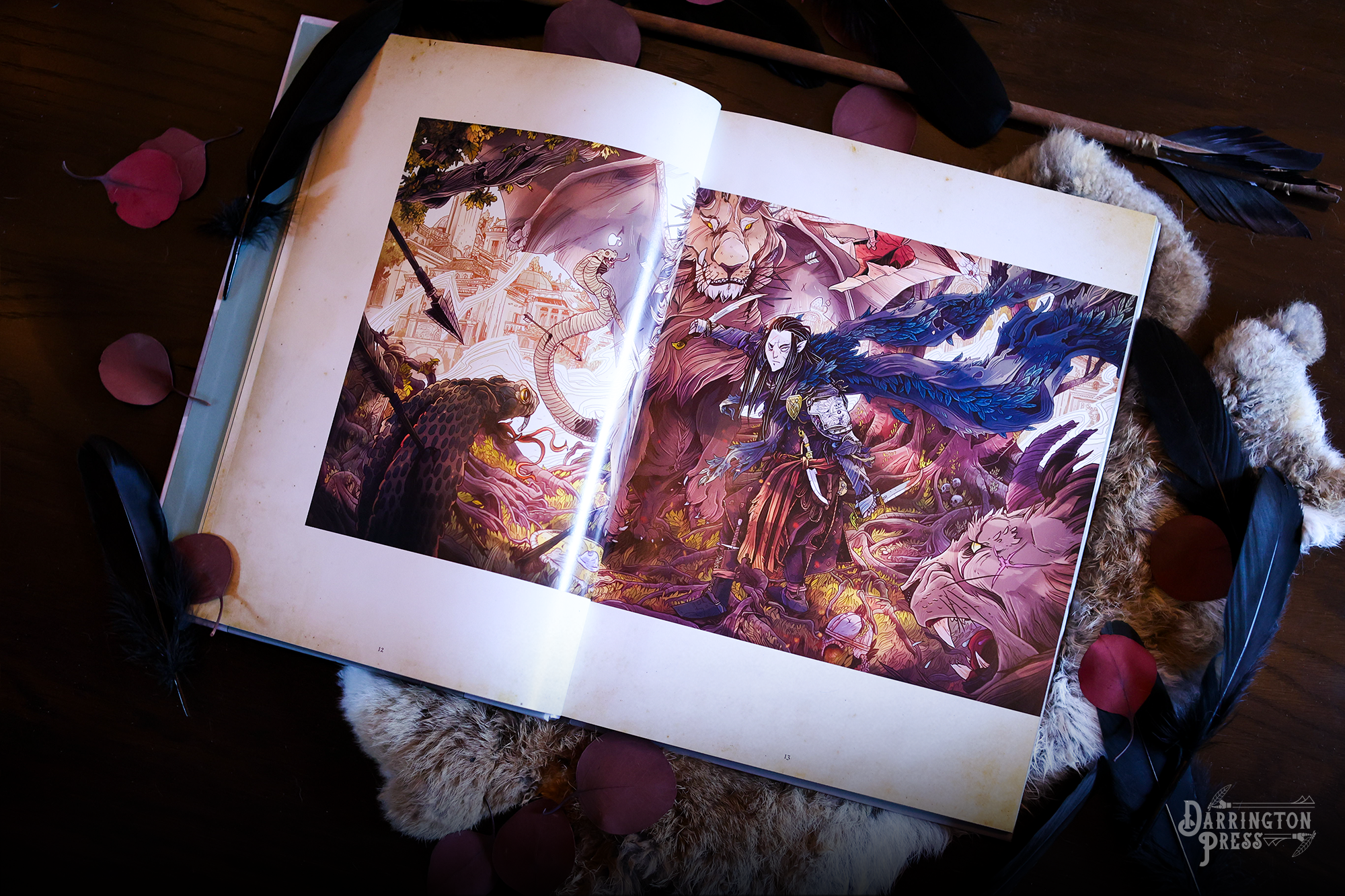 Open spread from Critical Role: The Chronicles of Exandria Vol. I: The Tale of Vox Machina, showing Vax, a pale, dark-haired man with large blue-black raven wings surrounded by a lion, giant snake, and other creatures.