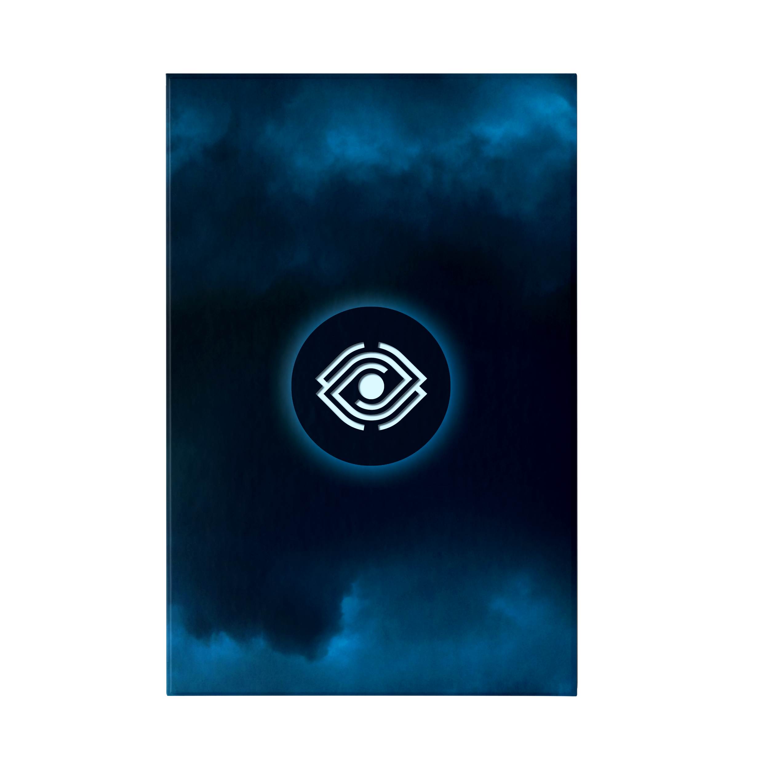 This book slipcase shows the Spiritbox Logo in the center in light blue. The logo looks like a simplified eye. There's a dark blue circle behind the logo, with a light blue gradient at the edges. The background is dark blue with blue clouds.