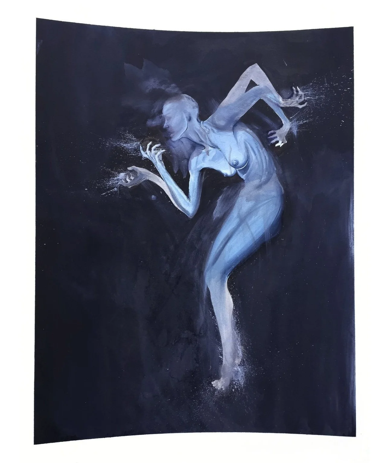A painting of a woman facing the left. The woman is painted in blue and has four arms. Her left arms are curved up towards her face, her right arms are hooked over her. It makes a shape like a reflected Z. The background of the painting is black.