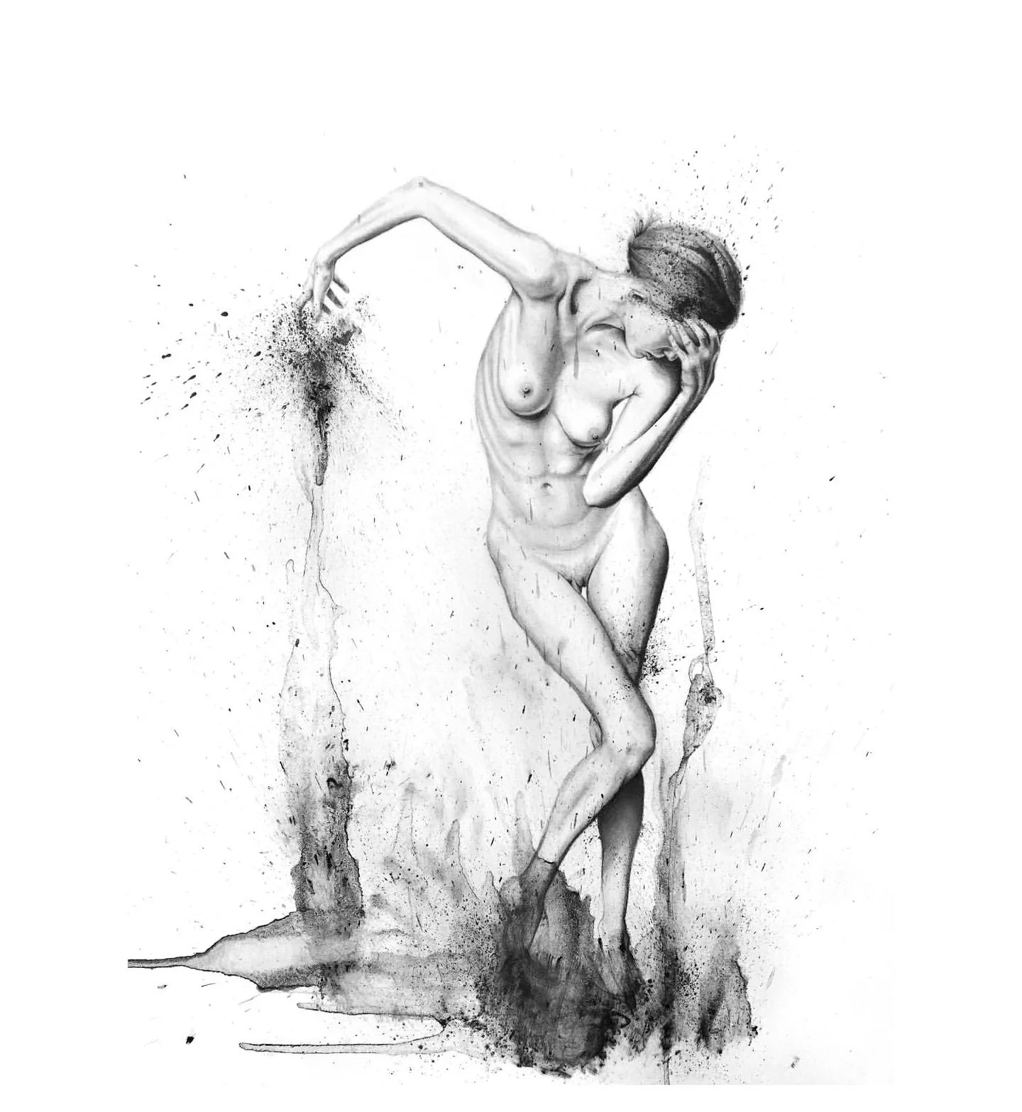 A graphite drawing of a nude woman. Her right arm is lifted to her side. Her left hand covers her face. There is graphite splattering out of her left hand down to her feet. Graphite splatters at her feet as well.