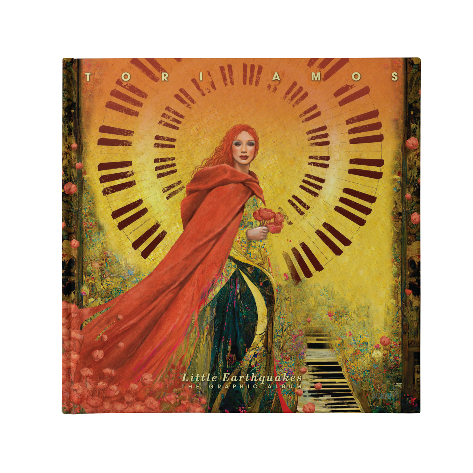 This book cover shows a painting of Tori Amos by Colleen Dorran. Tori is wearing an orange cloak. The background is orange that fades into yellow. There are floral components throughout. The text says "Tori Amos Little Earthquakes The Graphic Album"