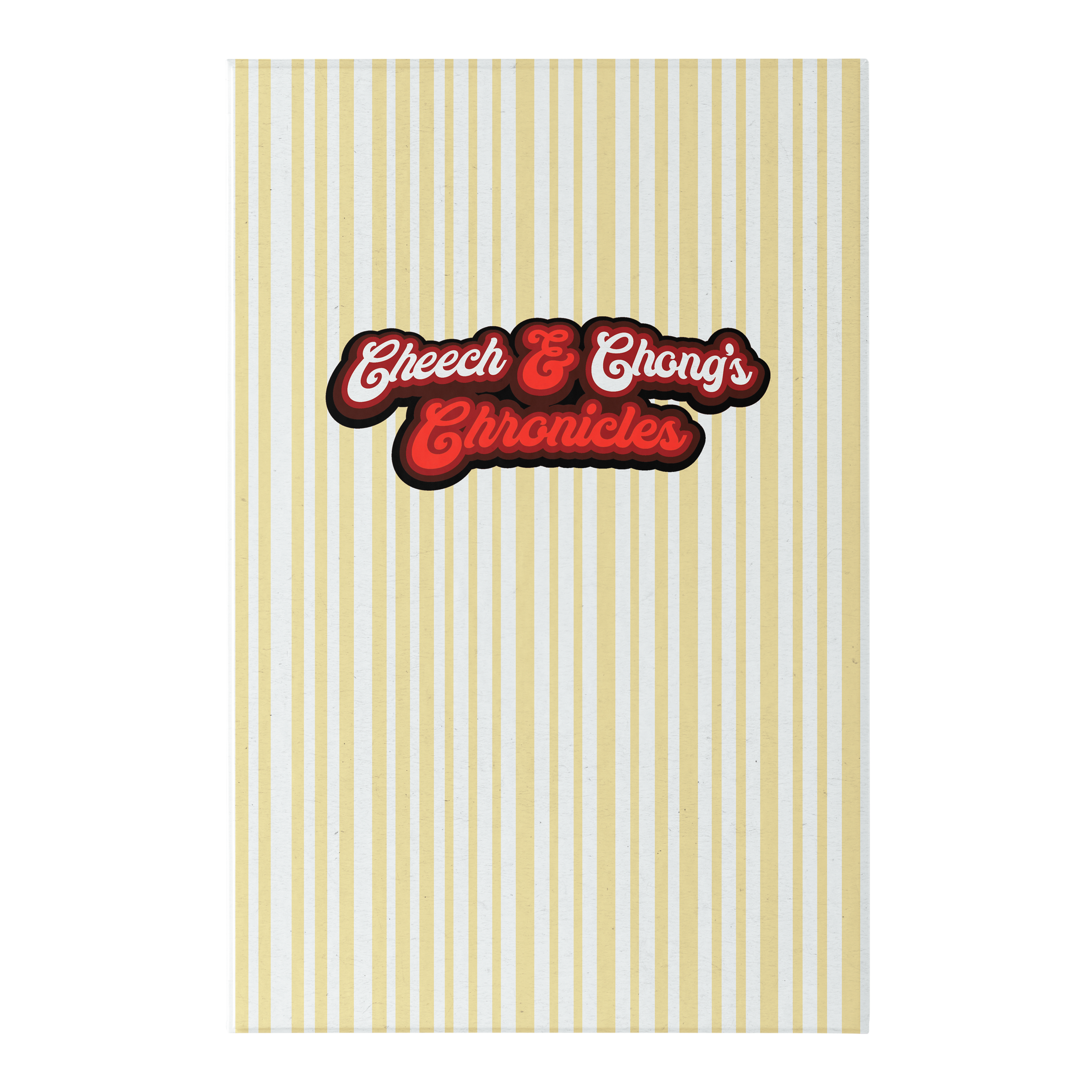 The text of this slip case reads "Cheech & Chong Chronicles" in white and red with a black outline. The background is off white and yellow stripes designed to be reminiscent of Bambu cigarette rolling paper packaging.