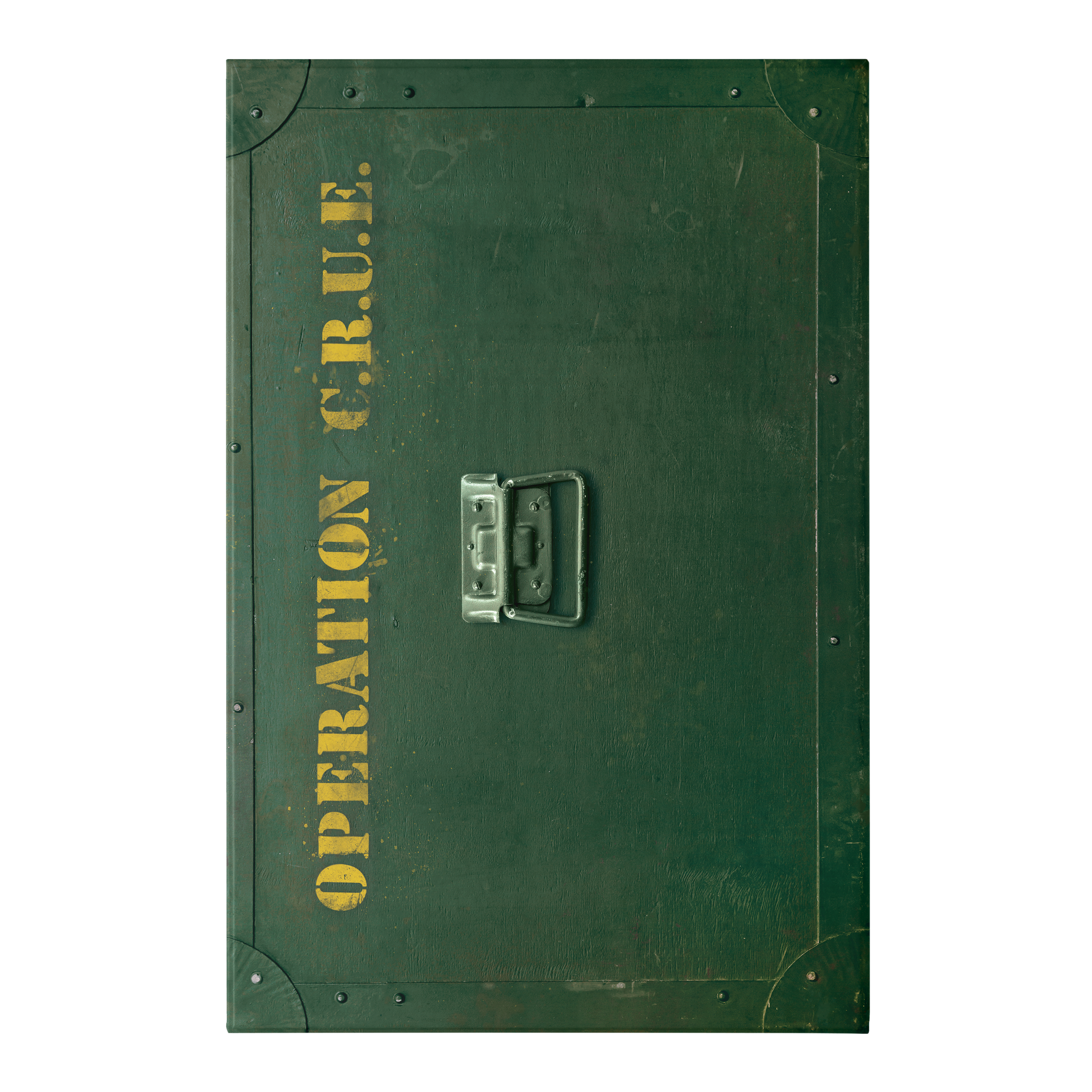 This book clamshell shows a green military style box with a handle in the center. It reads "OPERATION C.R.U.E." in yellow text in a stencil font.