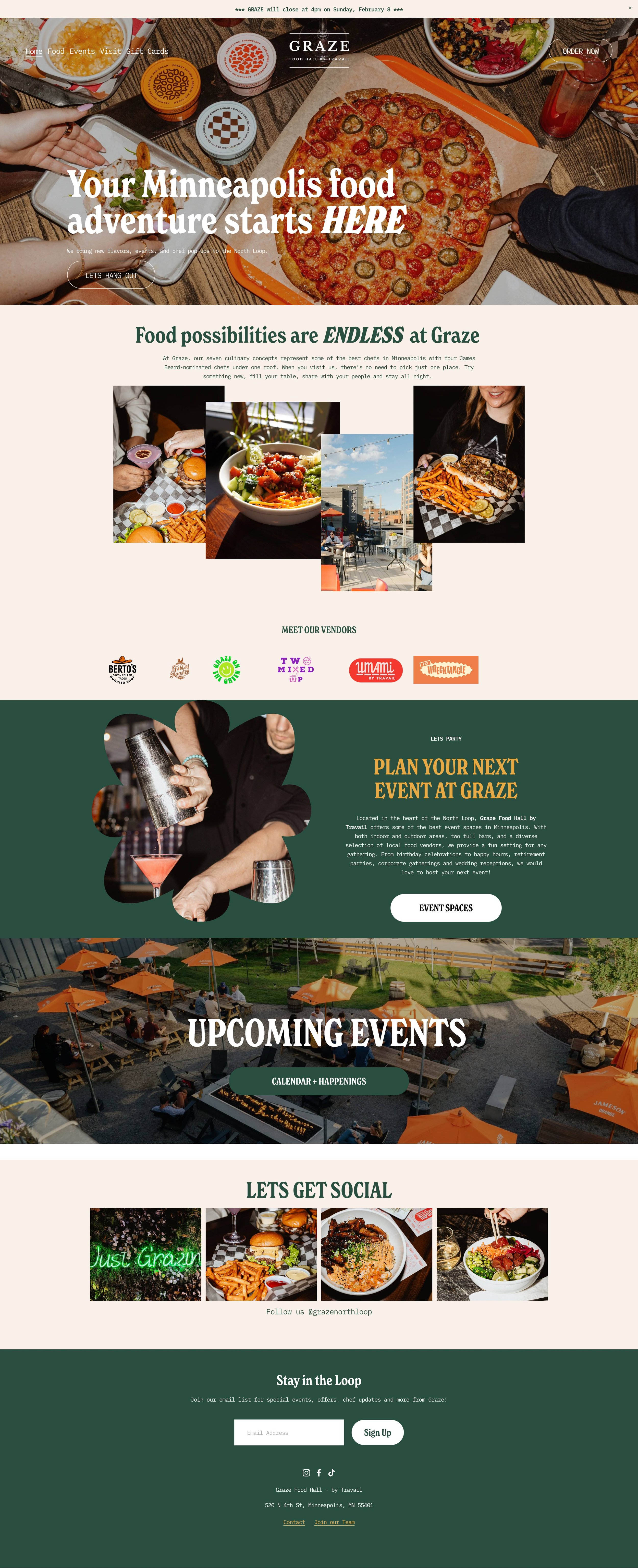 Webpage homepage for Graze, a Minneapolis restaurant featuring food options, events, and social media links. The top portion shows a table with a cheese pizza, salads, and beverages.