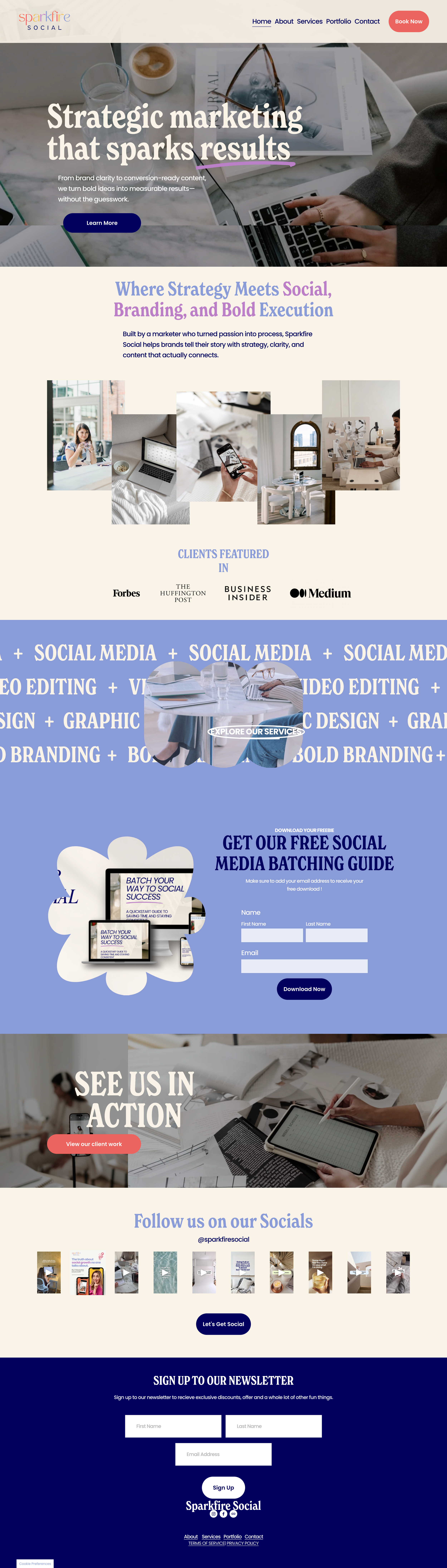 Screenshot of a marketing agency website called Sparkfire Social featuring sections on strategic marketing, branding, social media services, client logos, and contact information.