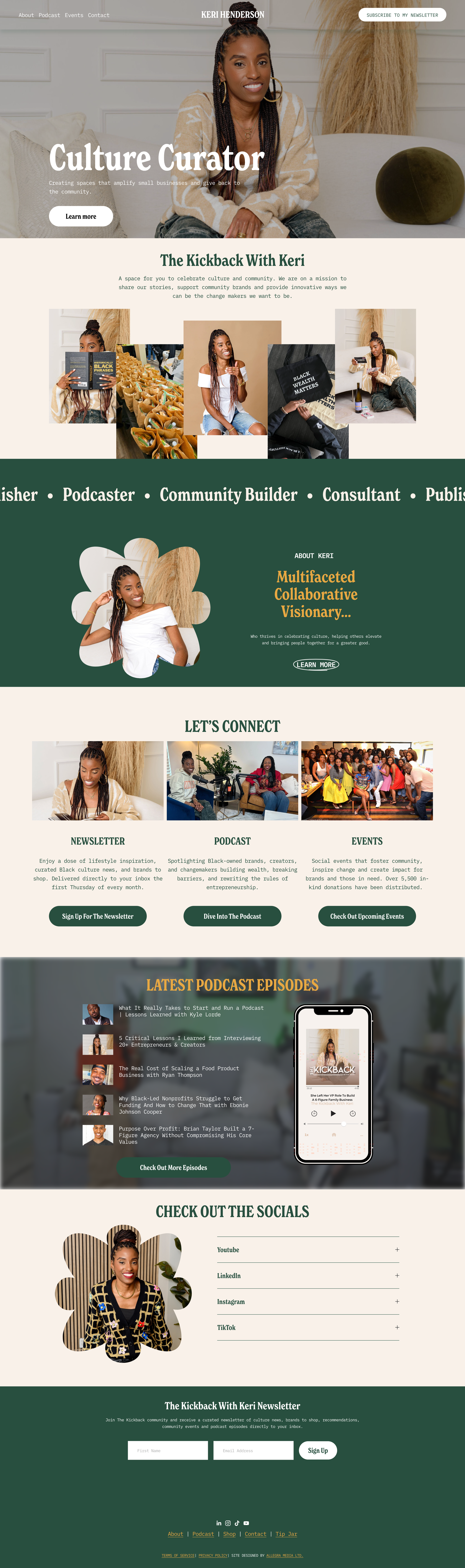 Homepage screenshot featuring a woman with braided hair smiling, wearing a beige sweater, seated in a modern interior. The website highlights her roles as a creative consultant, podcaster, community builder, and publisher, with sections for her projects and connections.