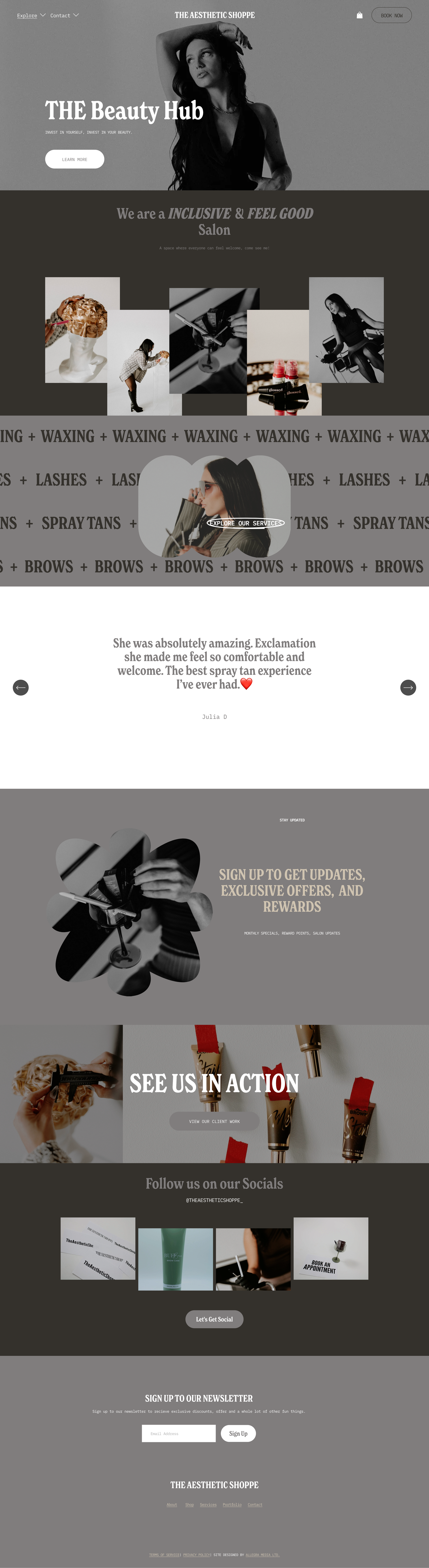 A website homepage for THE AESTHETIC SHOPPE, a beauty salon, featuring a woman sitting on a modern chair, holding a glass. Below are sections highlighting services like waxing, lashes, spray tans, and brows, with black-and-white photos of salon equipment and staff. A quote praising a spray tan experience is at the bottom.