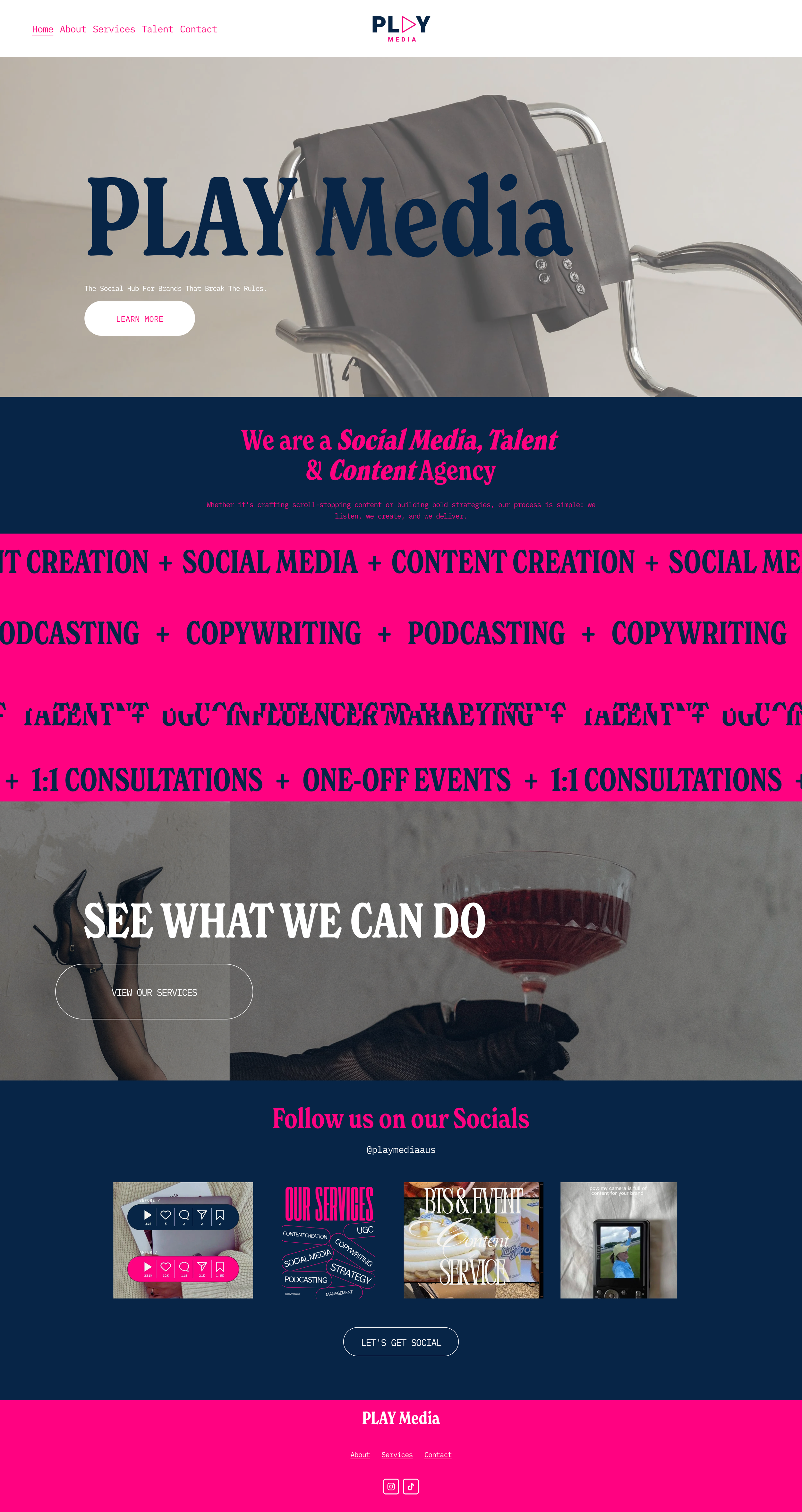 Homepage of PLAY Media website with bold pink, navy, and white text, featuring services related to social media, content creation, podcasting, copywriting, influencer marketing, events, and consultations, alongside visuals of a hand holding a cocktail glass and a shopping cart.