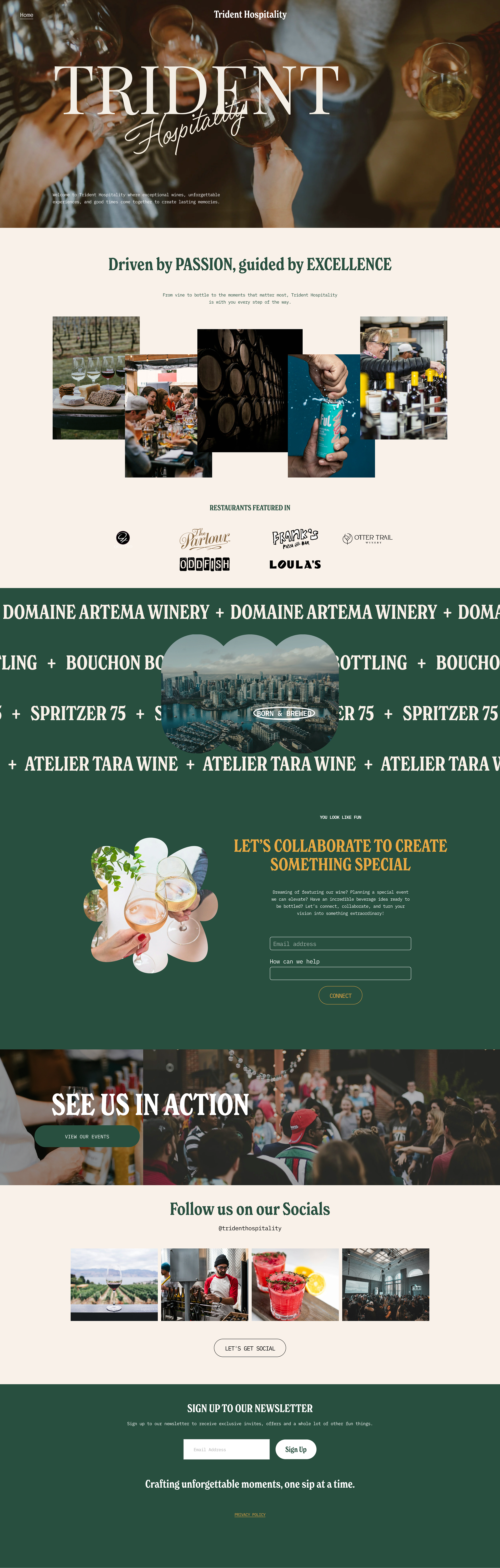 A website homepage for Trident Hospitality showcasing images of wine tasting, wine barrels, and people enjoying wine. The page features phrases like "Driven by Passion, guided by Excellence" and promotes collaborations with wineries. There's a cityscape image with the text "Born & Brewed" and a section inviting collaboration to create something special, with a person holding wine glasses.