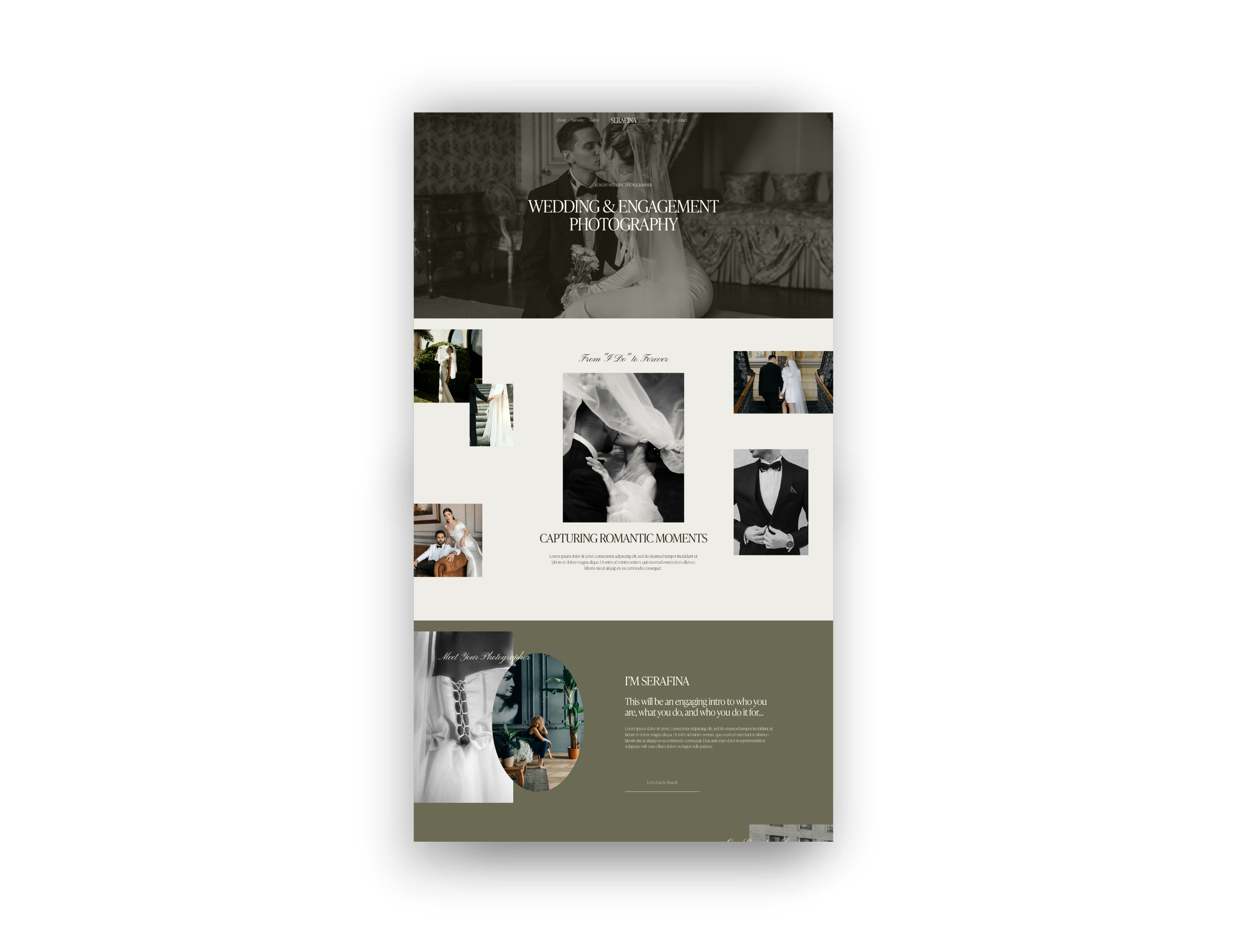 Website homepage for a wedding and engagement photographer featuring images of couples, wedding moments, and a profile introduction