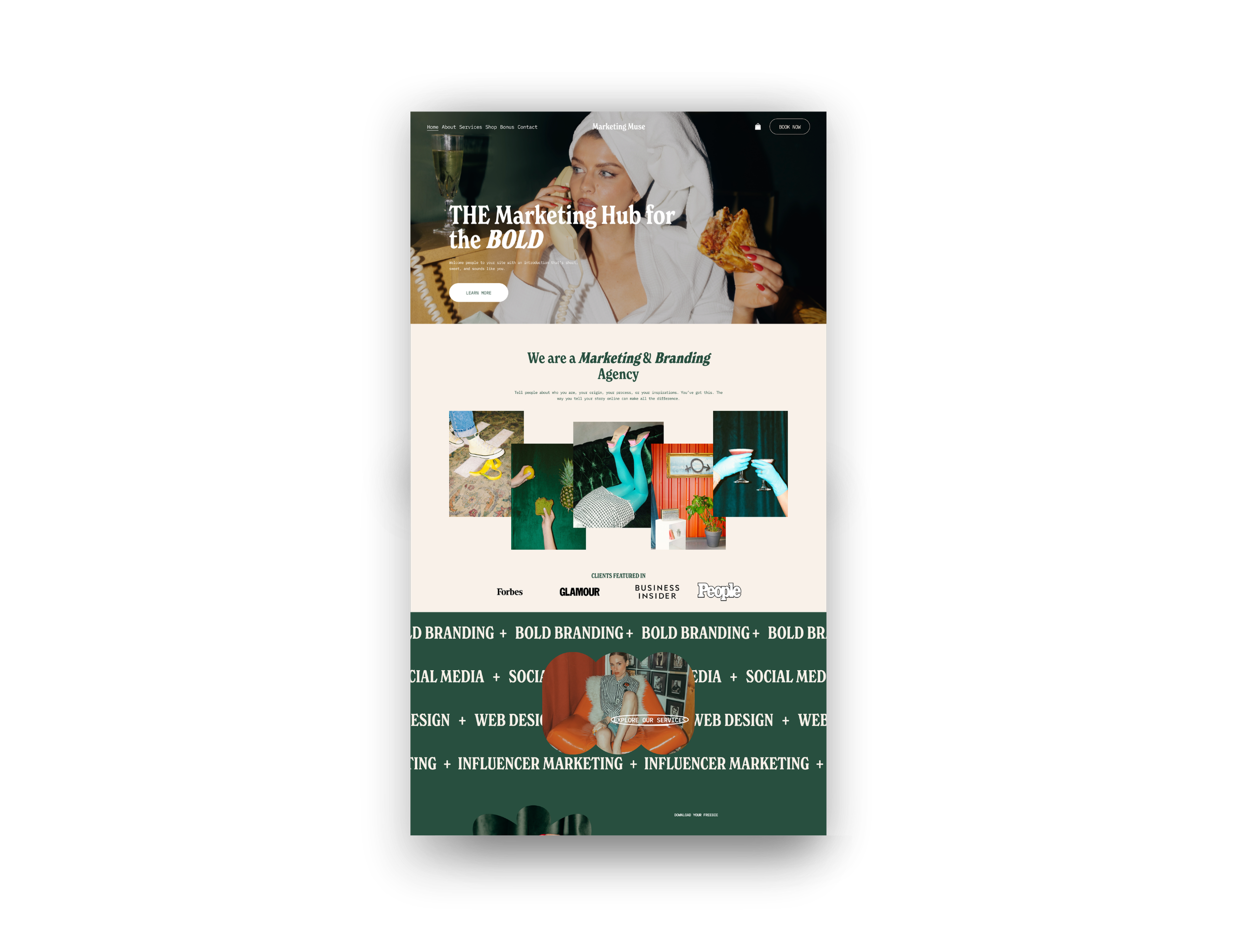 Computer website and mobile display of a marketing and branding agency with sections about services, branding packages, and featured clients, with images of people, branding materials, and creative assets.