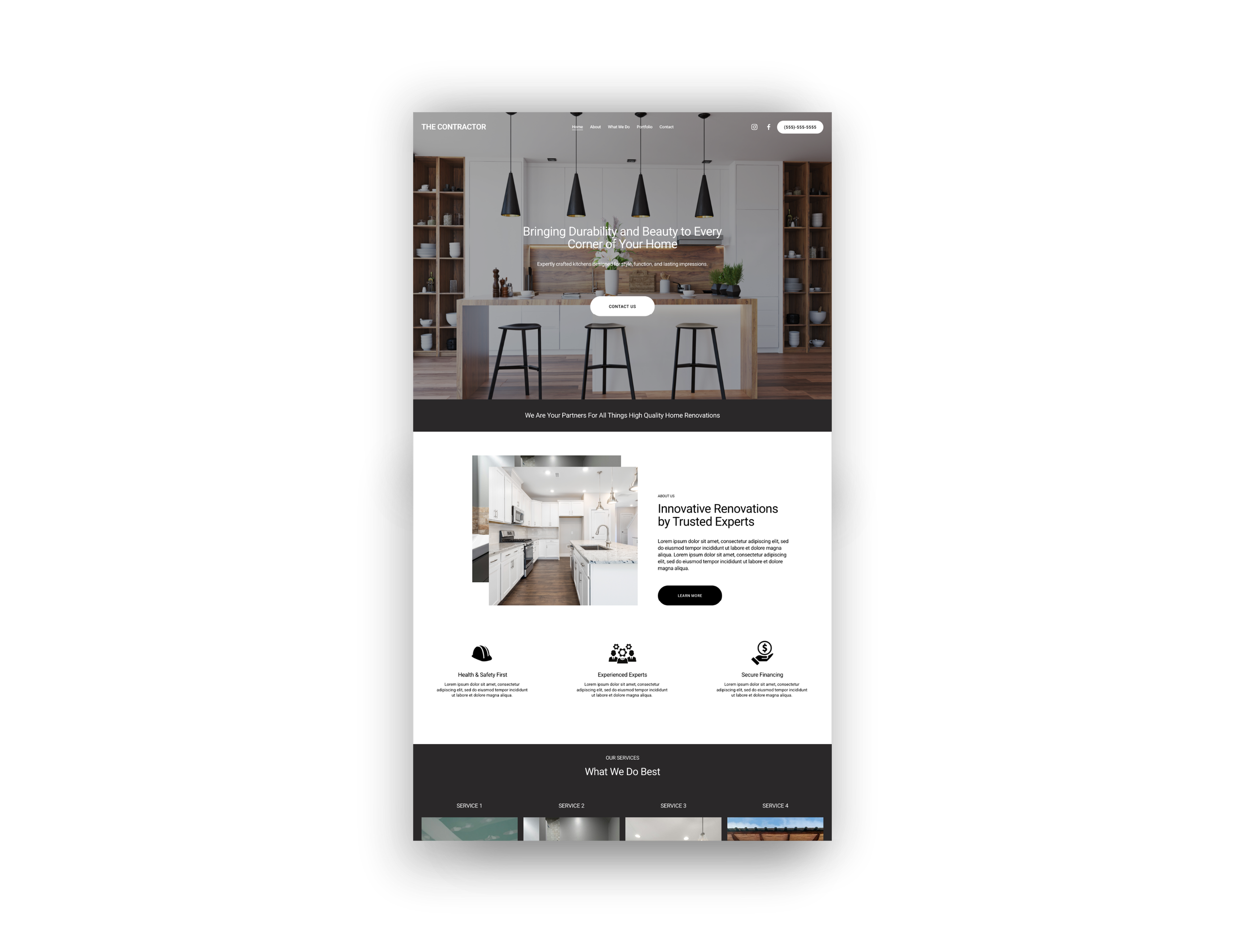 Screenshot of a renovation company's website showcasing modern kitchen designs, with images of a kitchen interior and mobile layout, featuring navigation menu, contact info, and service highlights.