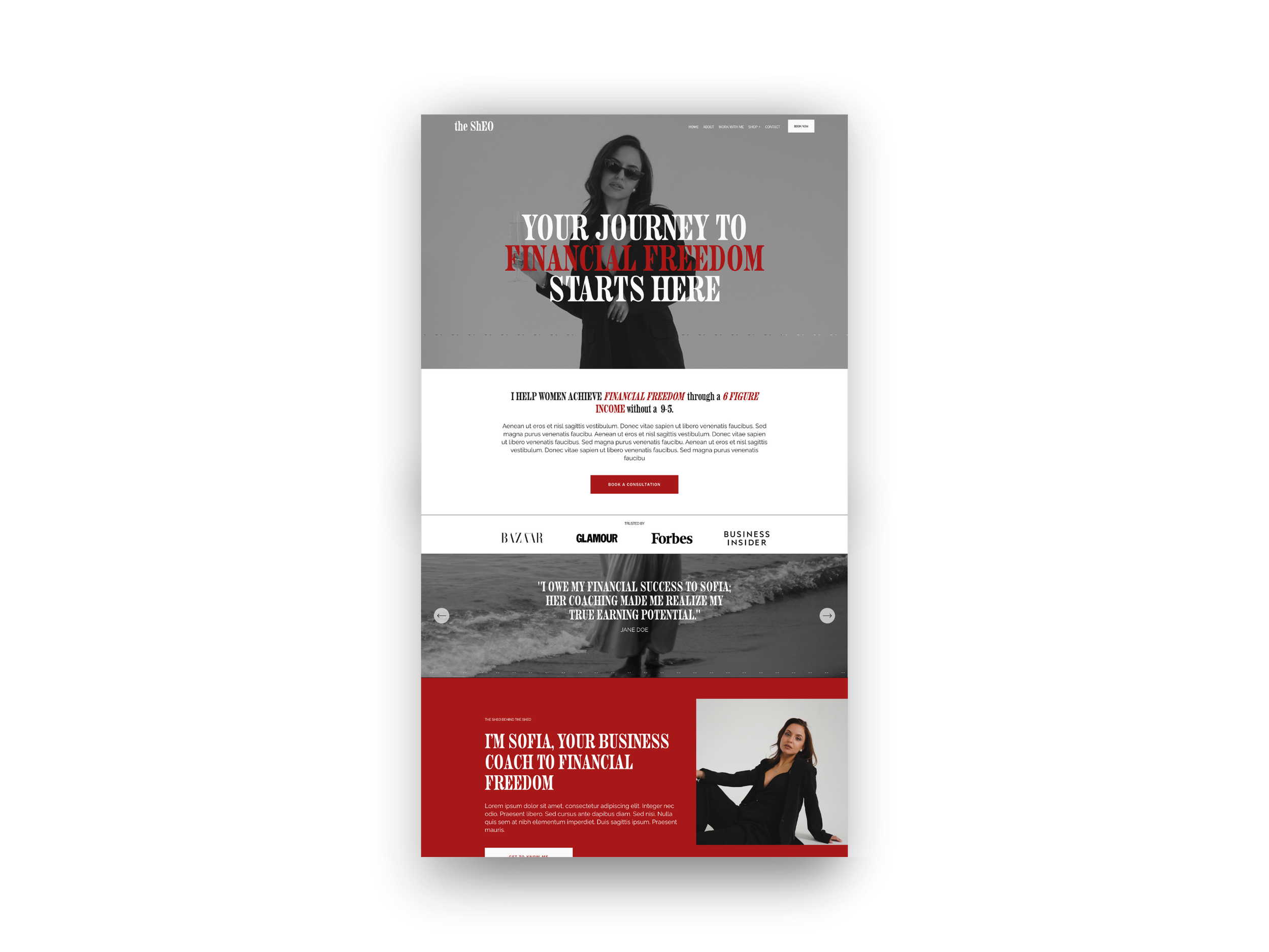 Webpage and mobile view of a coaching website for women, featuring a black-and-white photo of a woman in sunglasses, bold headlines about financial freedom and coaching services, and logos of media outlets.