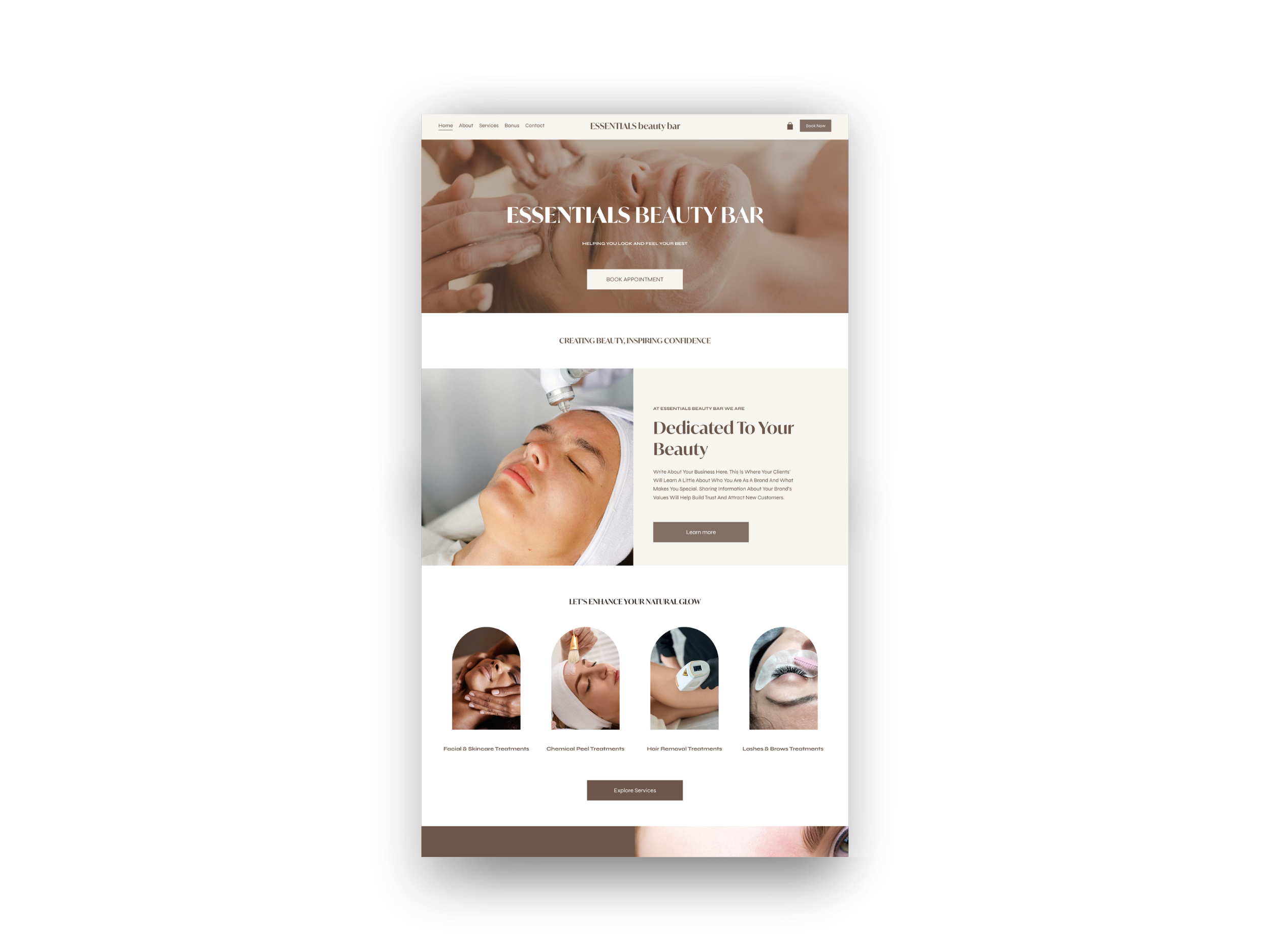 Homepage of ESSENTIALS Beauty Bar website with images of facial treatments, skincare, and salon services, and a smartphone displaying the mobile version of the site.