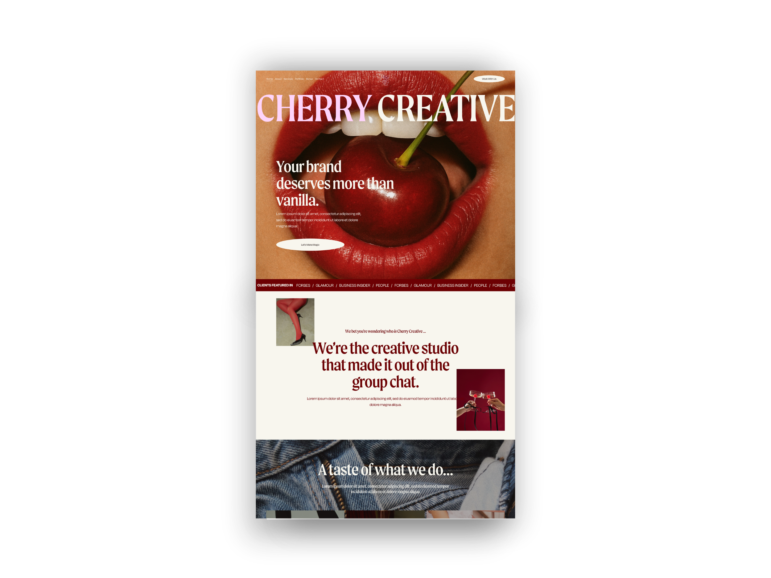 A mobile website with a large image of lips holding a cherry in their mouth at the top. The text "Cherry Creative" is overlaid on the image. Below, there are various sections with text and smaller images, including a person wearing red pants and holding a microphone, and a close-up of jeans.
