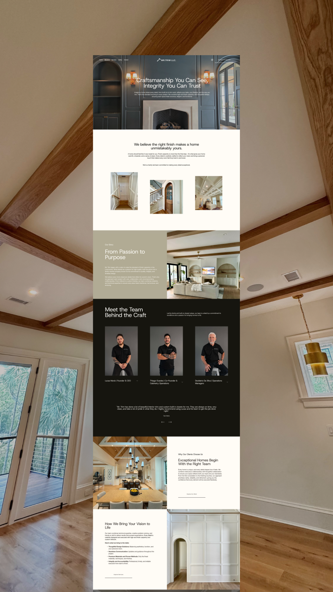 A digital webpage mockup showcasing home construction and interior design services, featuring sections on craftsmanship, team members, project showcases, and design philosophy, displayed on a living room background with exposed wooden beams and large sliding glass doors.