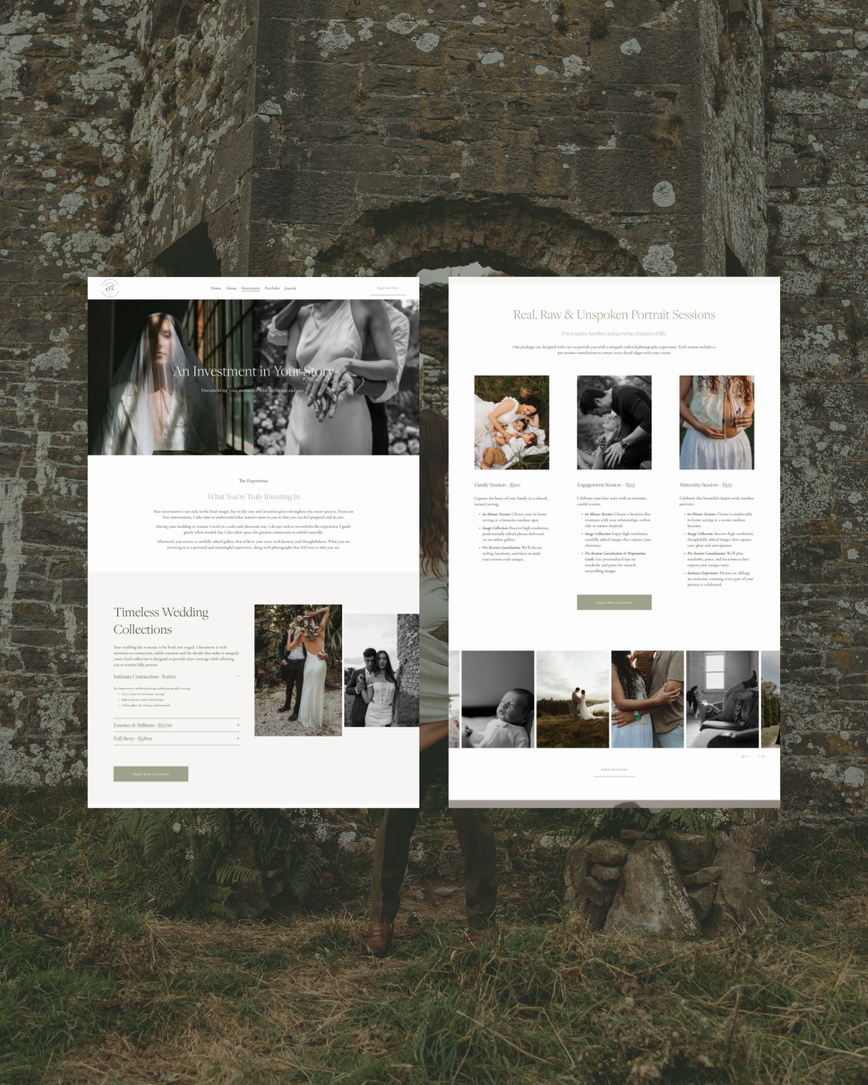 Two partially visible website pages for a photography business, showcasing wedding and portrait photography, against a rustic outdoor brick wall background.