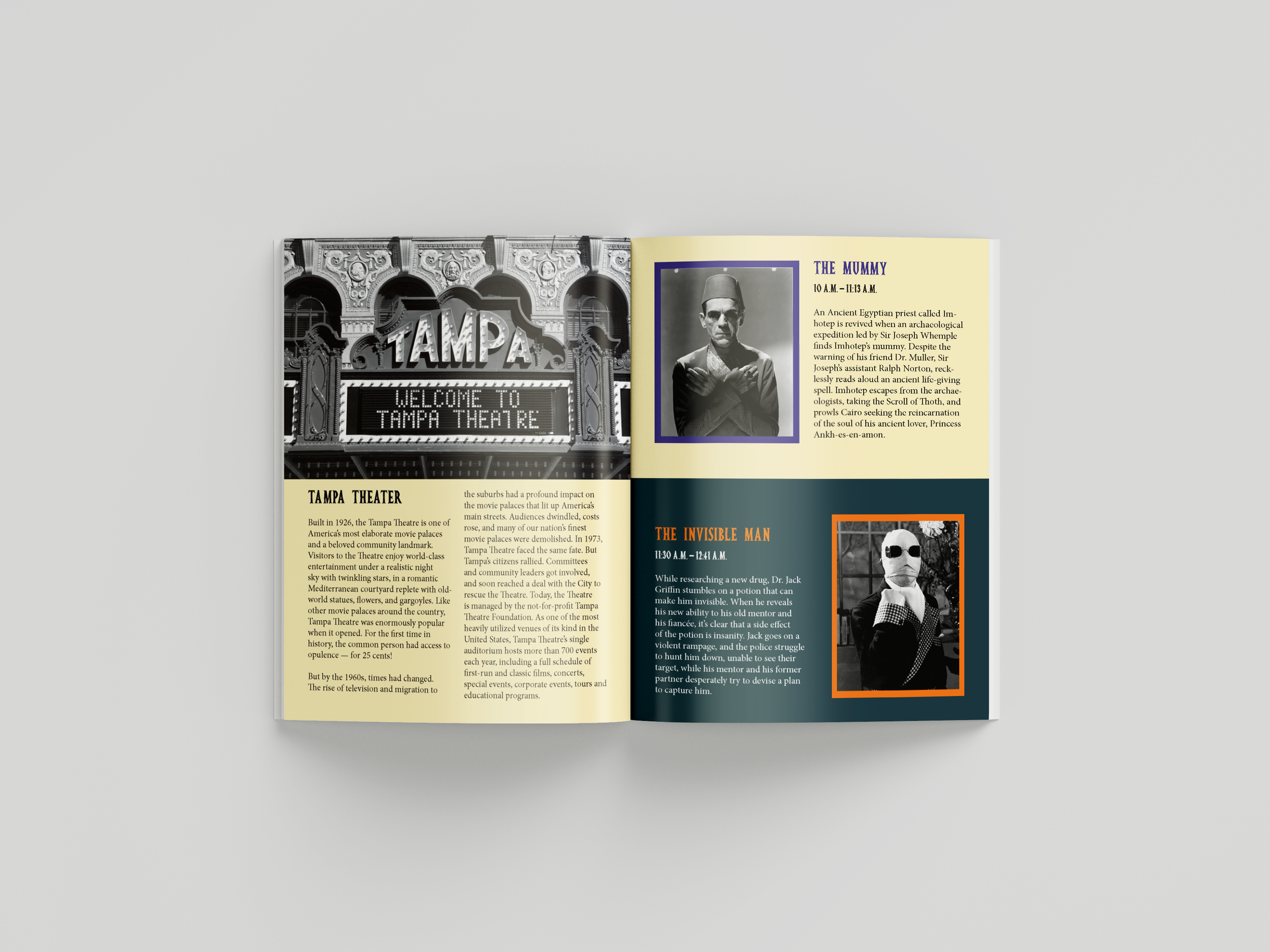 Introduction to the Tampa Theater along with photos of the movies' characters, times, and synopses. 