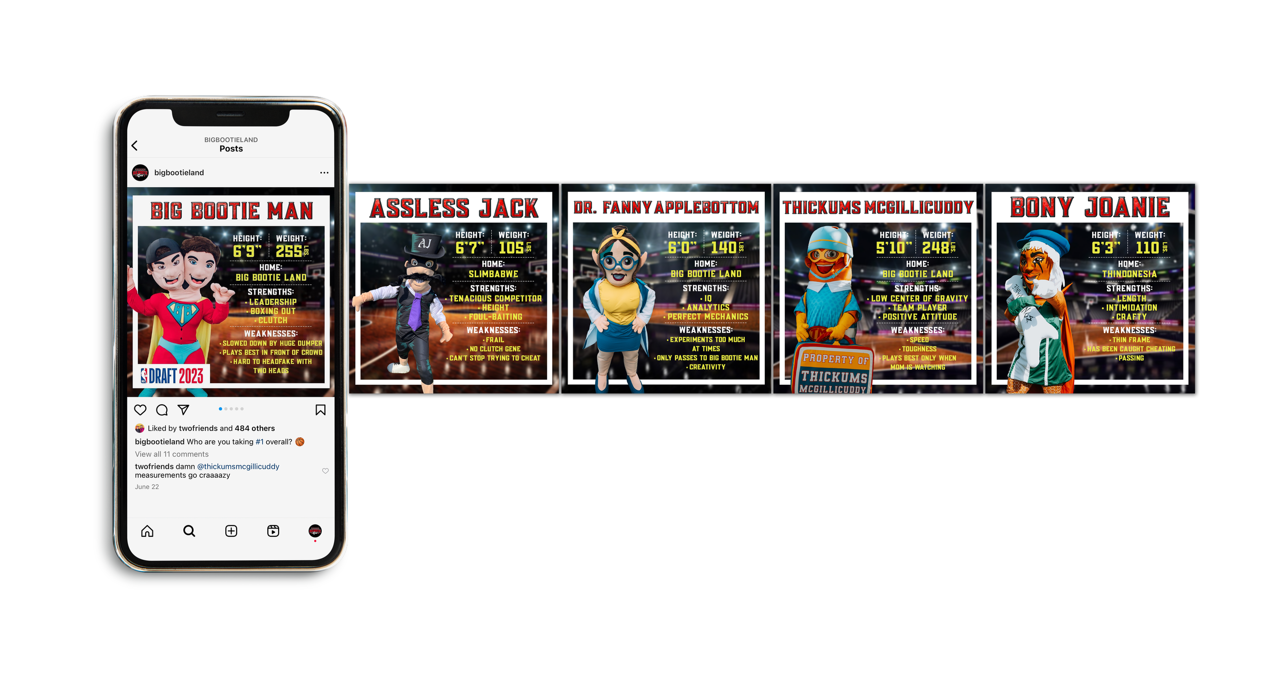 Instagram carousel post of a spin on the NBA Draft featuring the characters from the Big Bootie Universe. 