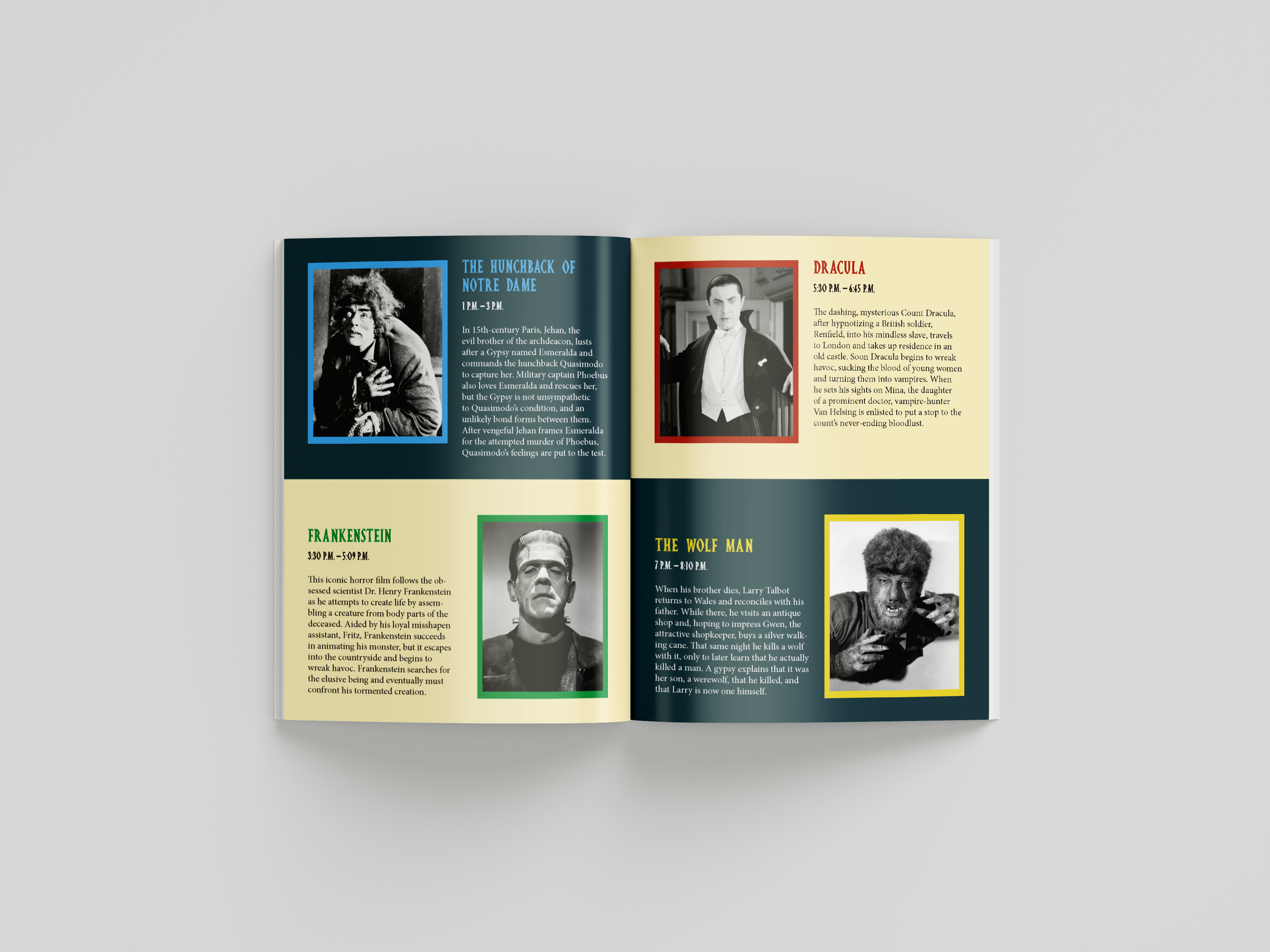 Photos of the movies' characters, times, and synopses.