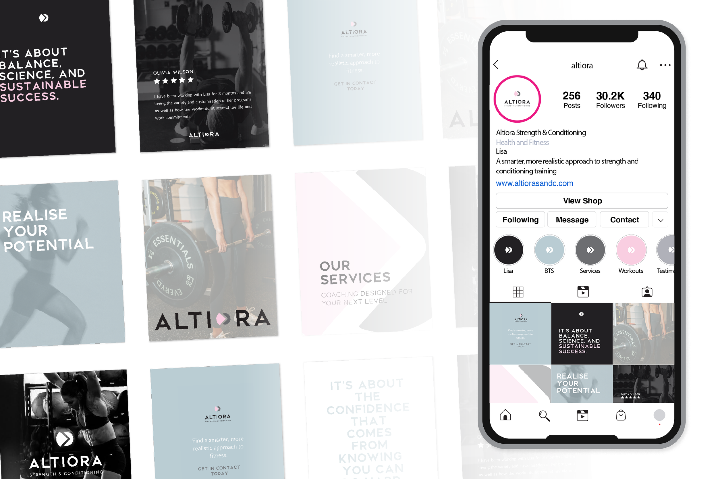 social tiles for a wellness personal brand mocked up on a smart phone