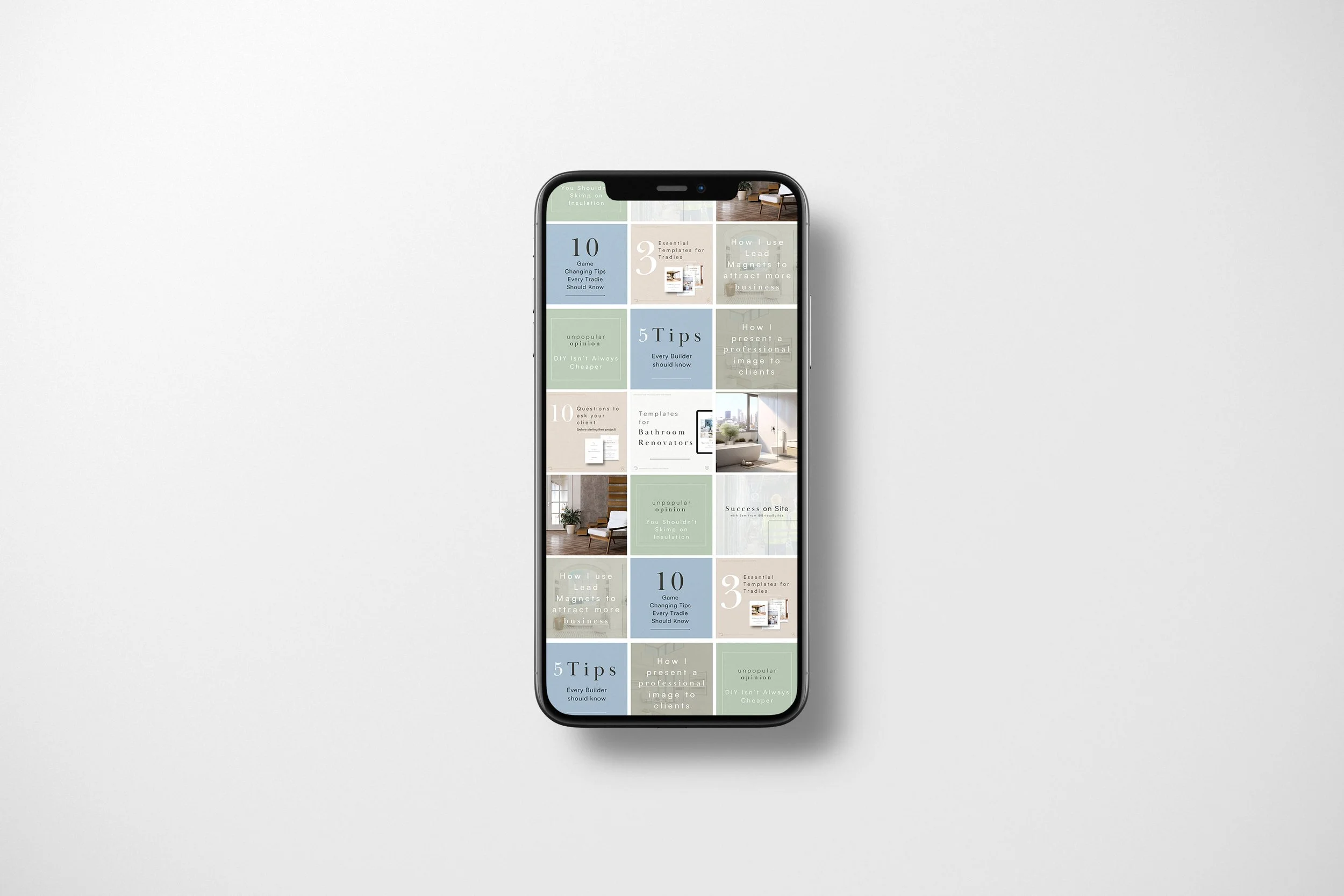 Light and bright coloured Social Media Tiles featuring text and hooks, displayed on a smart phone