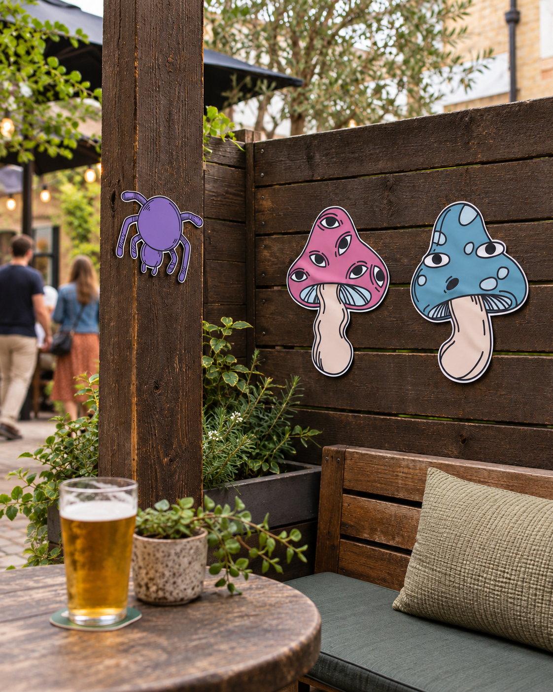 Whimsical beer garden spider and mushrooms.png