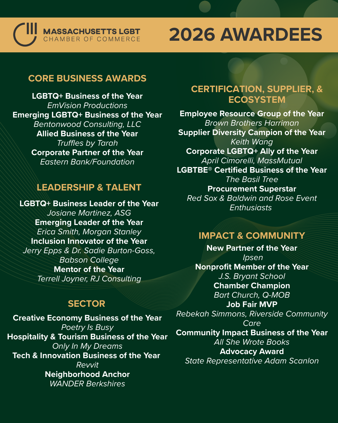 Massachusetts LGBT Chamber of Commerce Announces 2026 LGBTQ+ Business Awardees (January 2026). EmVision was named the 2026 LGBTQ+ Business of the Year.