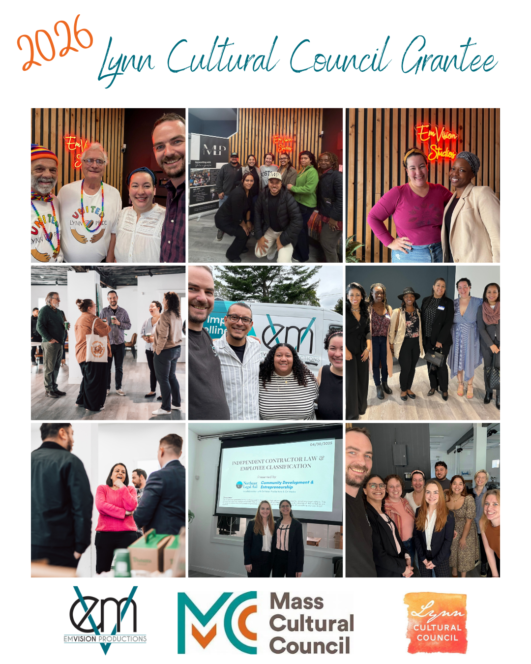 Mass Cultural Council: Lynn Cultural Council award (January 2026). EmVision received a grant to continue our Cultural Innovation Series, our social and educational programming at EmVision Studios.