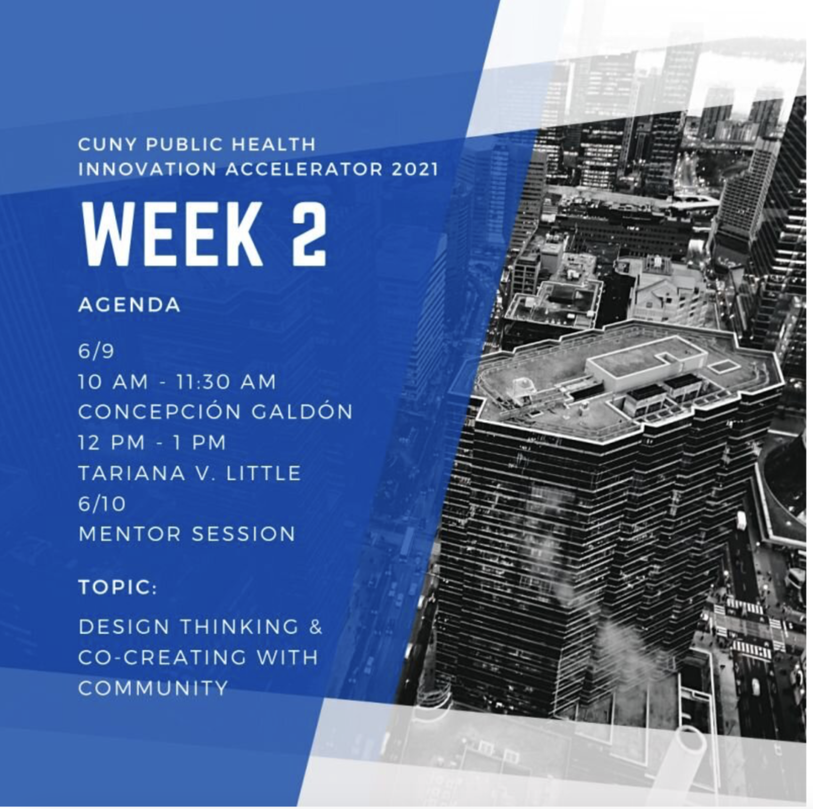 Design Thinking & Co-creating with Community (Firefly Innovations (CUNY School of Public Health), June 2021). Tariana led a workshop on community-engaged design thinking to venture teams in a 10-week summer accelerator that helps grow ventures that a