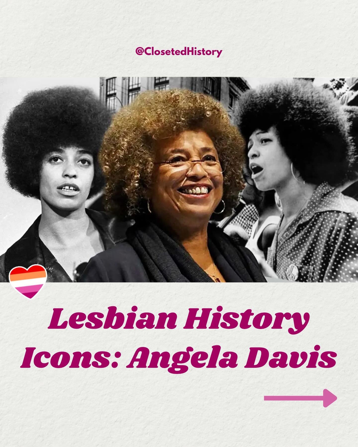 Angela Davis is my gay commie hero 🧡🩷🤍 

#AngelaDavis #LesbianHistory #lesbianvisibilityweek #wlw #anticapitalist 

Photo ID: a IG carousel post with a plaster background with dark pink text 

Slide 1: three photos of Angela Davis, two are black a