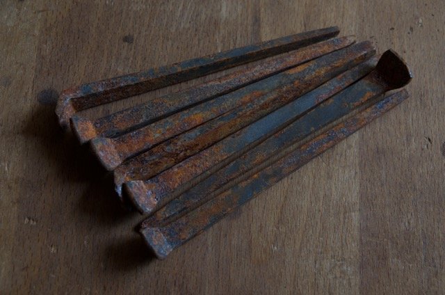 The nails are unique in Japan, with their angled heads. Called kasakugi, or umbrella nails.