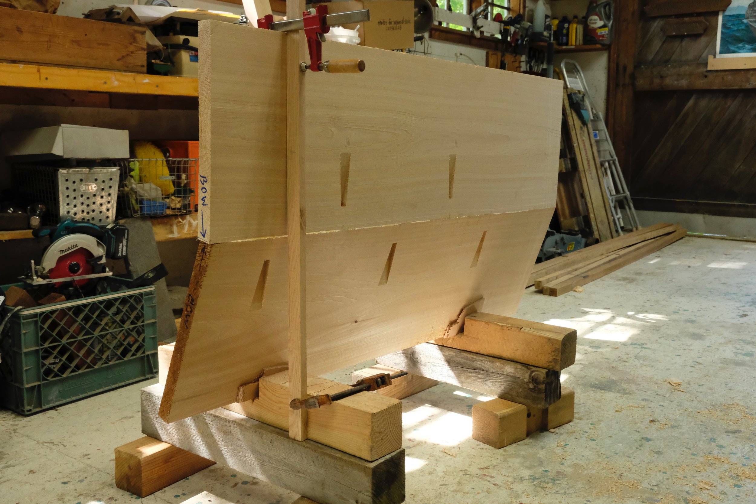 The peaked bow transom edge-nailed together.