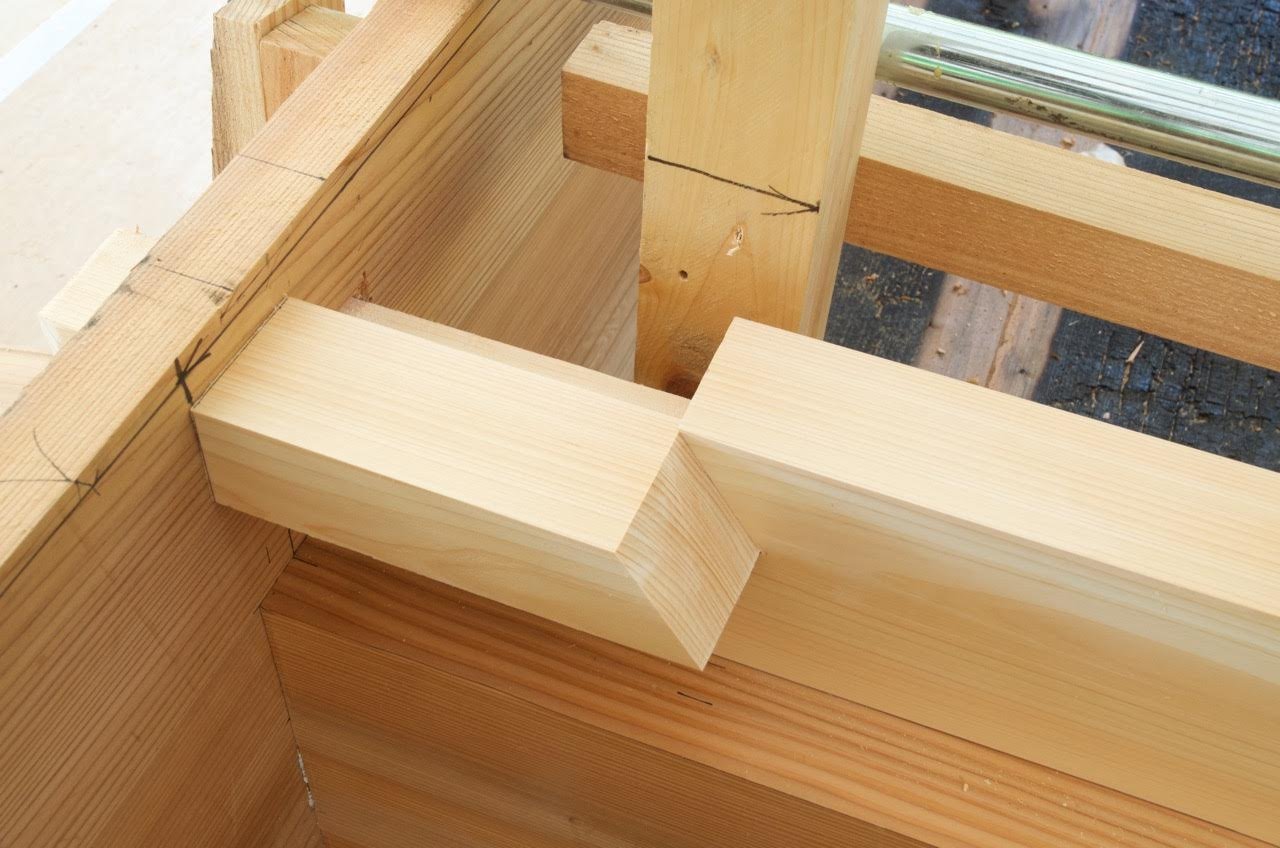 The beams are through-tenoned and lock in place with a wedge.