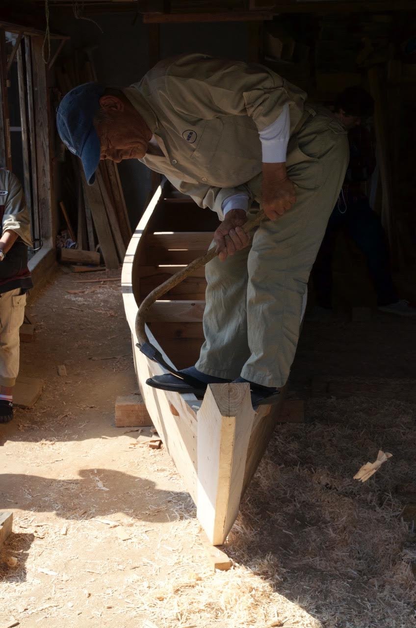 Mr. Murakami adzing the back of the outer stem.