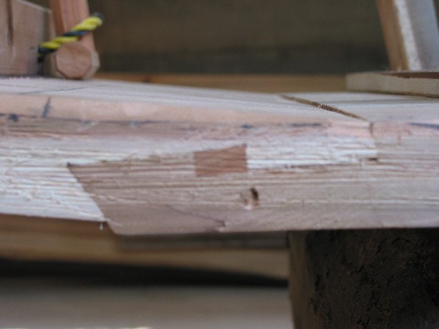 The scarf joint was used in the aft end of the keel, which rises up to the transom.