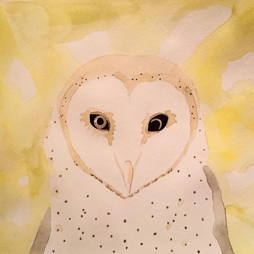 Watercolor painting of a barn owl with a heart-shaped face, black eyes, and a speckled white body, set against a yellow background.