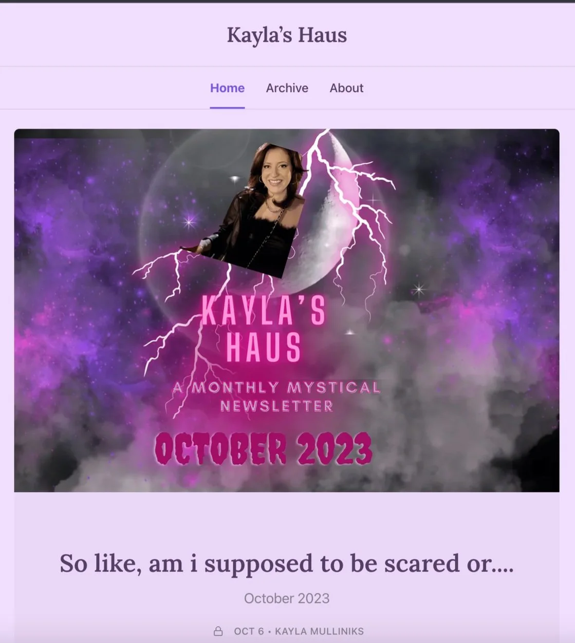 a monthly newsletter by queer 1/2 deaf tarot reader Kayla. Kayla's House in neon lettering on top of a pink lightning bolt moon