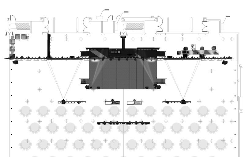 Technical drawing of a corporate event ballroom layout for AV planning