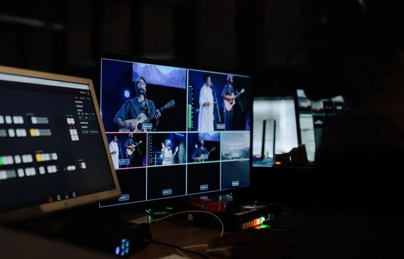 Multiview monitor and video switcher backstage during live event production