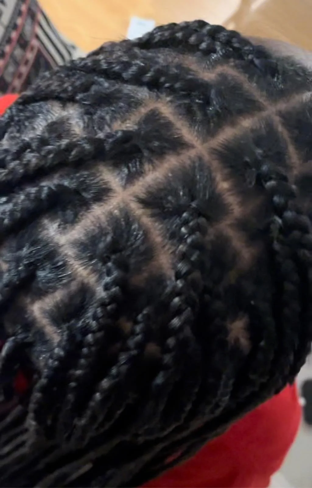 Close-up of neatly styled black hair with small twists.