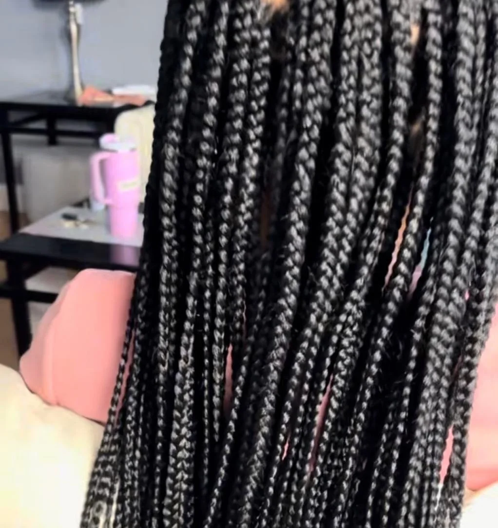 Close-up of braided black hair with silver highlights.