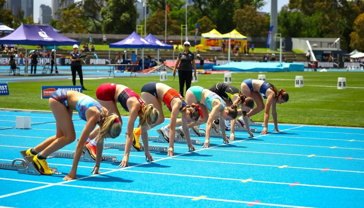 Sprinters holding the set position in their starting blocks, viewed diagonally across the lanes.