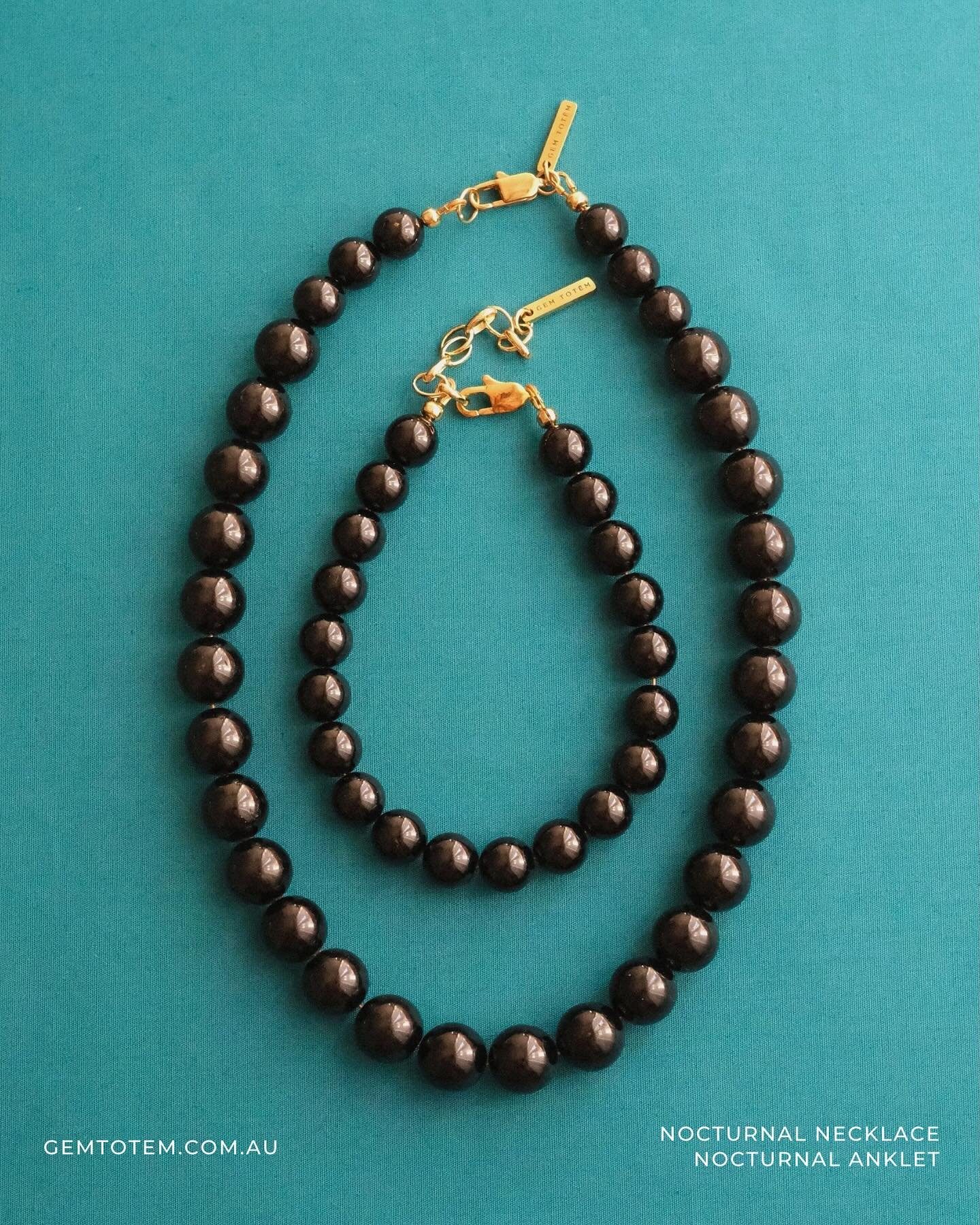 Nocturnal necklace &amp; anklet Duo &mdash; a timeless set, strung by hand with black tourmaline, the stone of protection and calm.
Choose your perfect length and finish at gemtotem.com.au