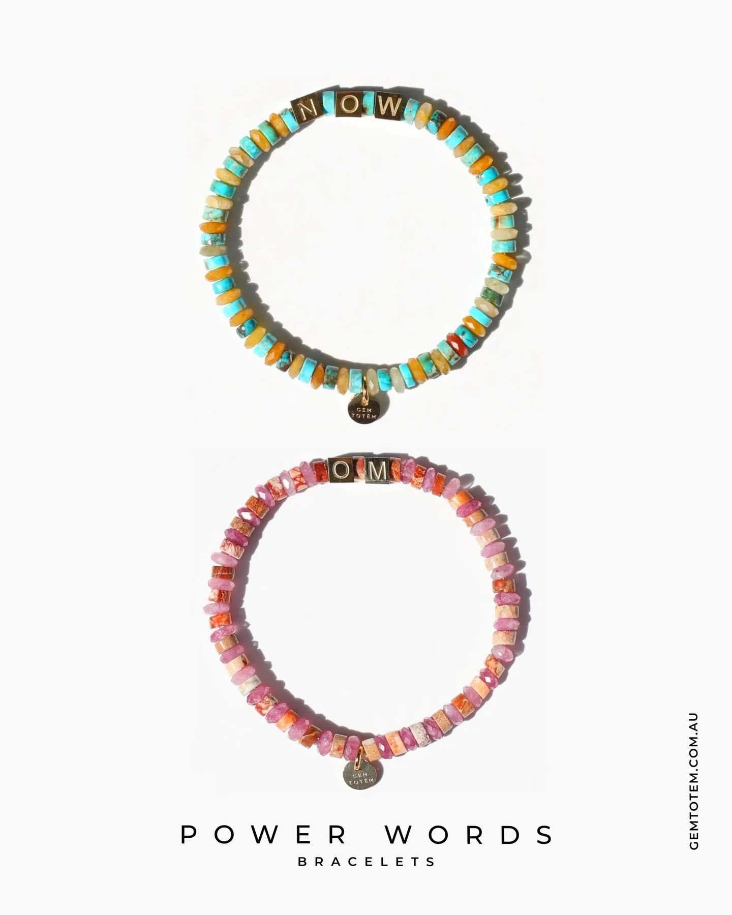 Our Power Words bracelets OM &amp; NOW, designed as gentle daily reminders to breathe, ground and stay present.

Jasper, turquoise, tourmaline, jade and more, paired with gold-plated letters. One size. Water-friendly.

Available online at gemtotem.co